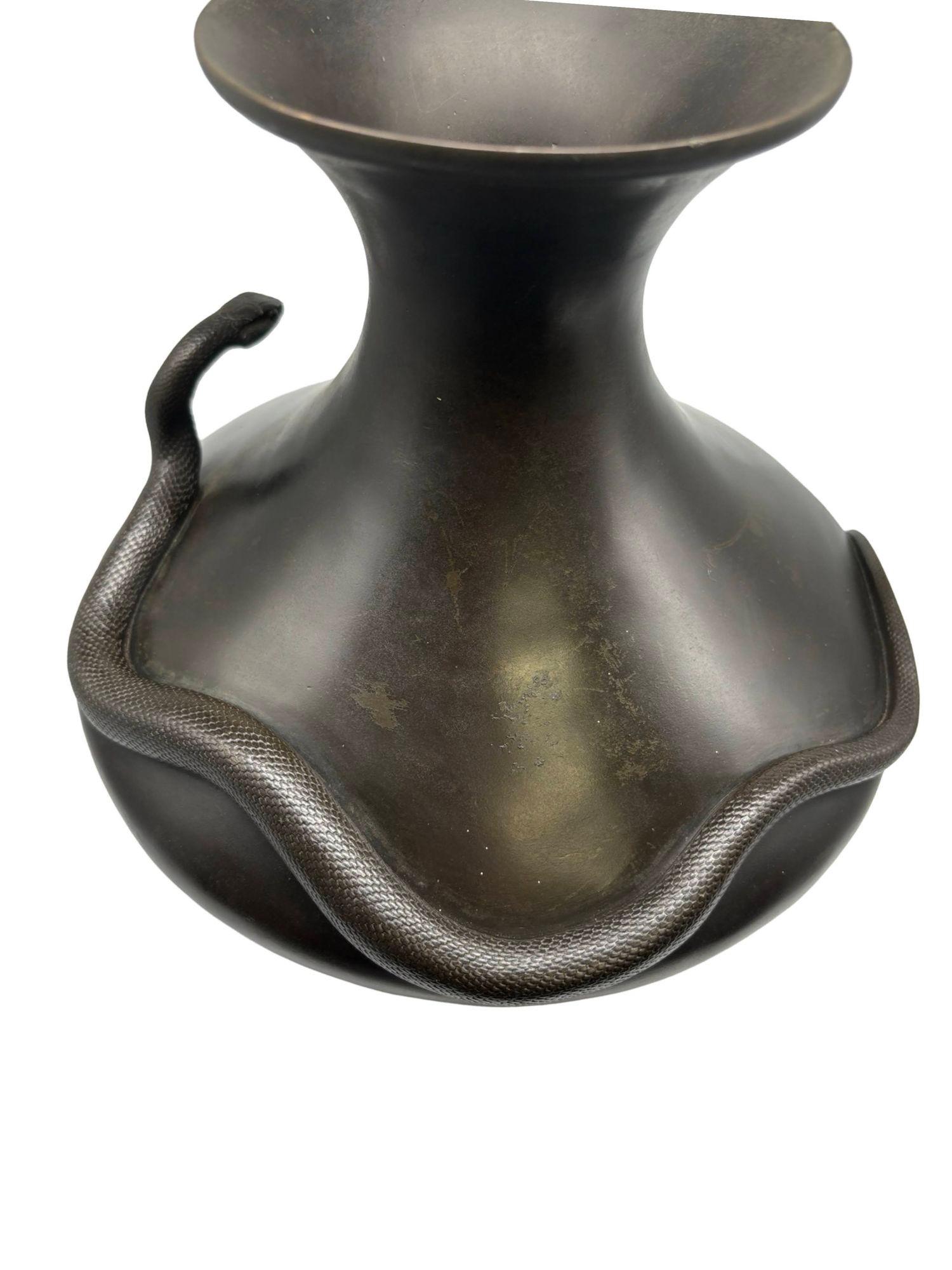 19th Century Meiji Era Hand Casted Japanese Bronze Vase of Snake & Hunting Frog