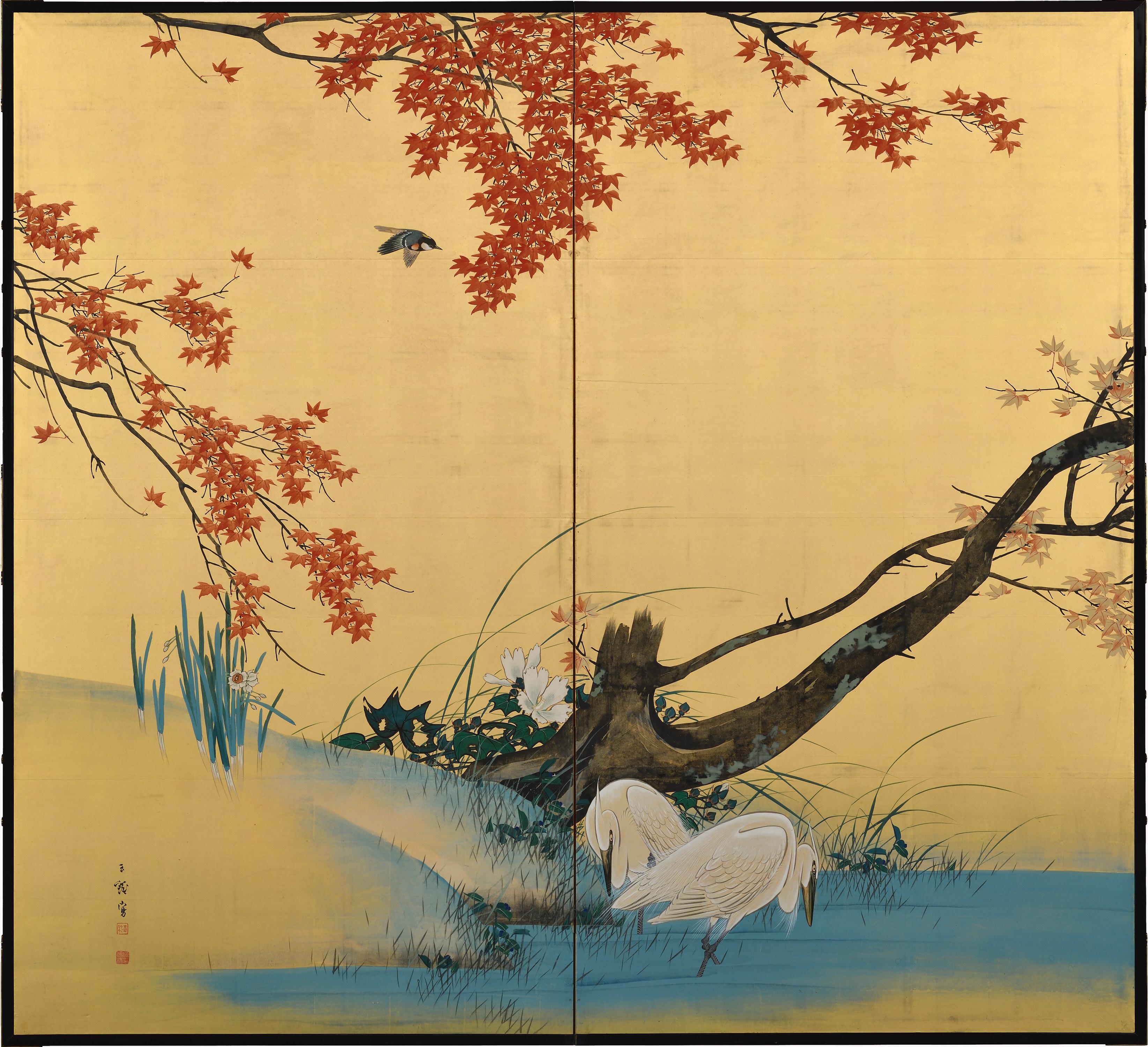 Uccelli e fiori di primavera e autunno

Hasegawa Gyokujun (1863-1921)

Periodo Meiji, circa 1900.

Inchiostro, colore e gofun su seta.

Dimensioni di ogni schermo:
H. 172 cm x L. 188 cm (68'' x 74