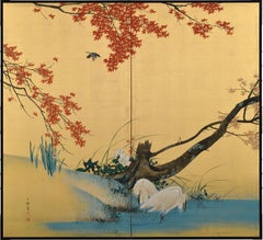 Meiji era Japanese Screen Pair, Two-panel. Spring & Autumn Birds & Flowers.