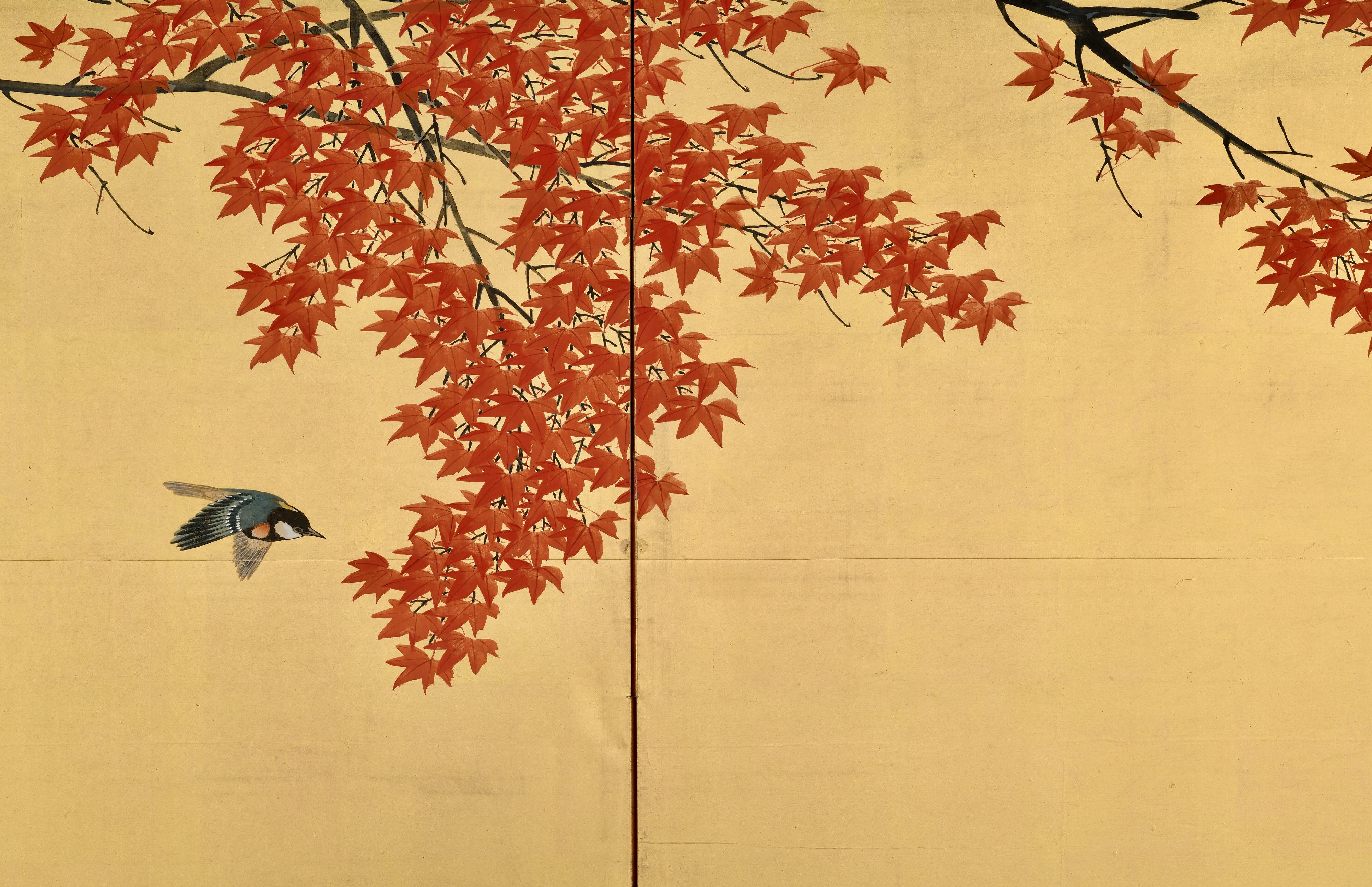 Coppia di paraventi giapponesi dell'epoca Meiji, a due pannelli. Uccelli e fiori di primavera e autunno. In condizioni buone in vendita a Kyoto, JP