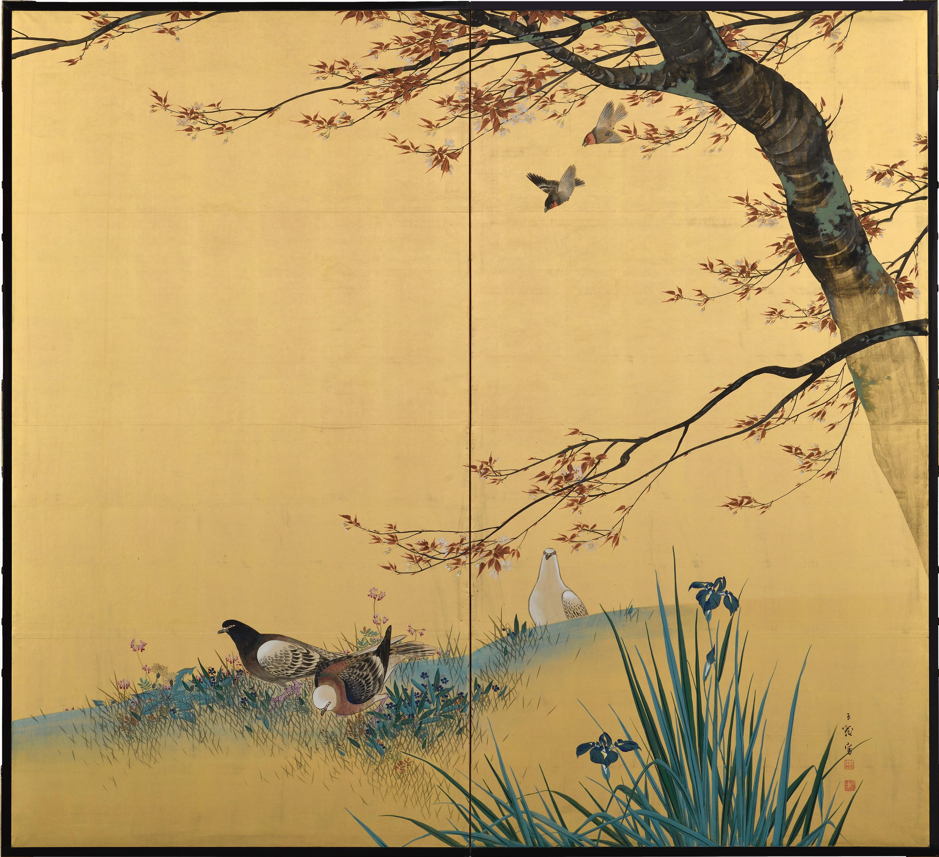 XX secolo Coppia di paraventi giapponesi dell'epoca Meiji, a due pannelli. Uccelli e fiori di primavera e autunno. in vendita