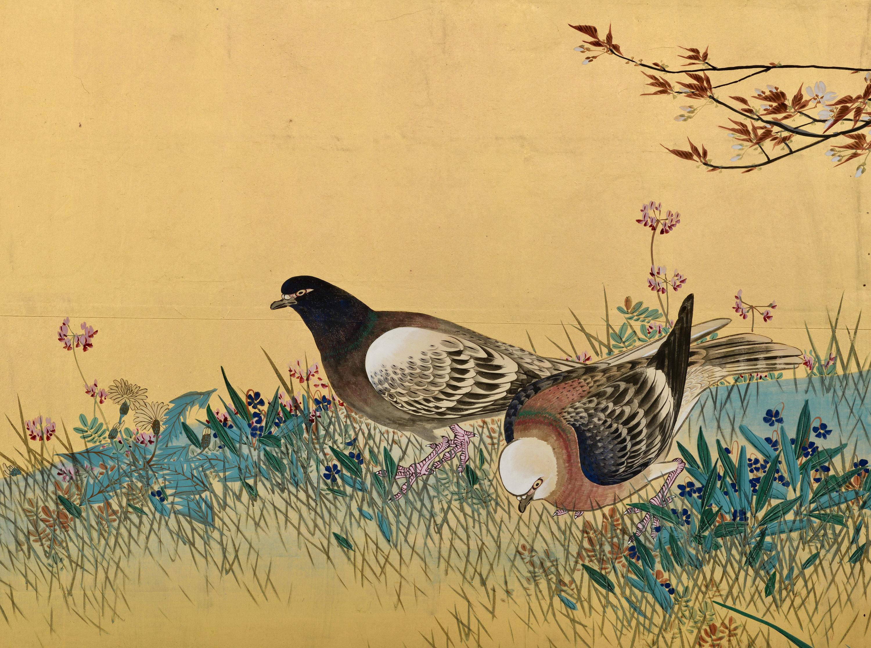 Coppia di paraventi giapponesi dell'epoca Meiji, a due pannelli. Uccelli e fiori di primavera e autunno. in vendita 2