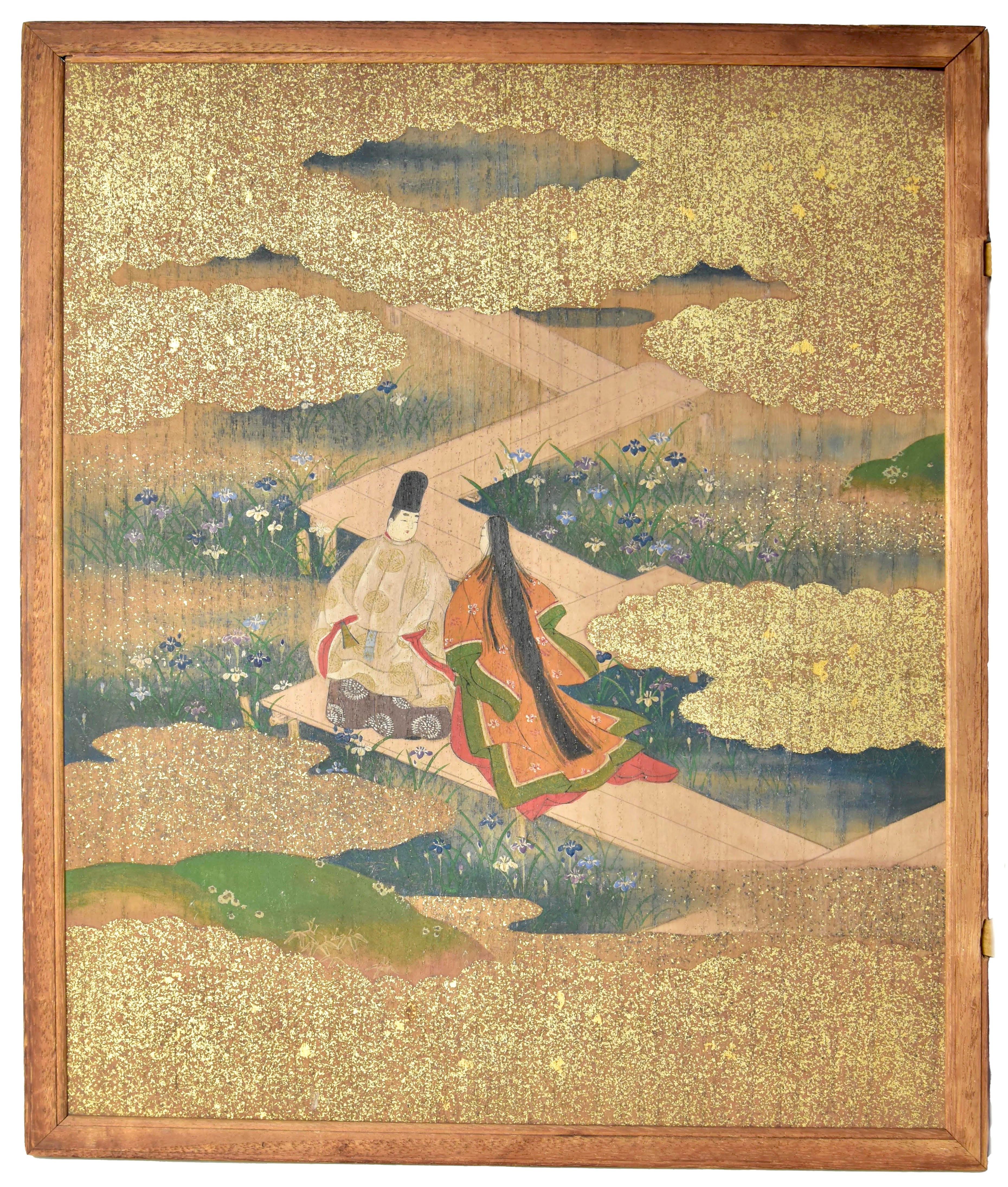 A Meiji era Japanese two-panel wood screen, with illustrated images from The Tale of Genji that are exquisitely painted directly on wood with fine detail and precision, accented with scattered 24k gold leaf specks in cloud forms, rendered in the