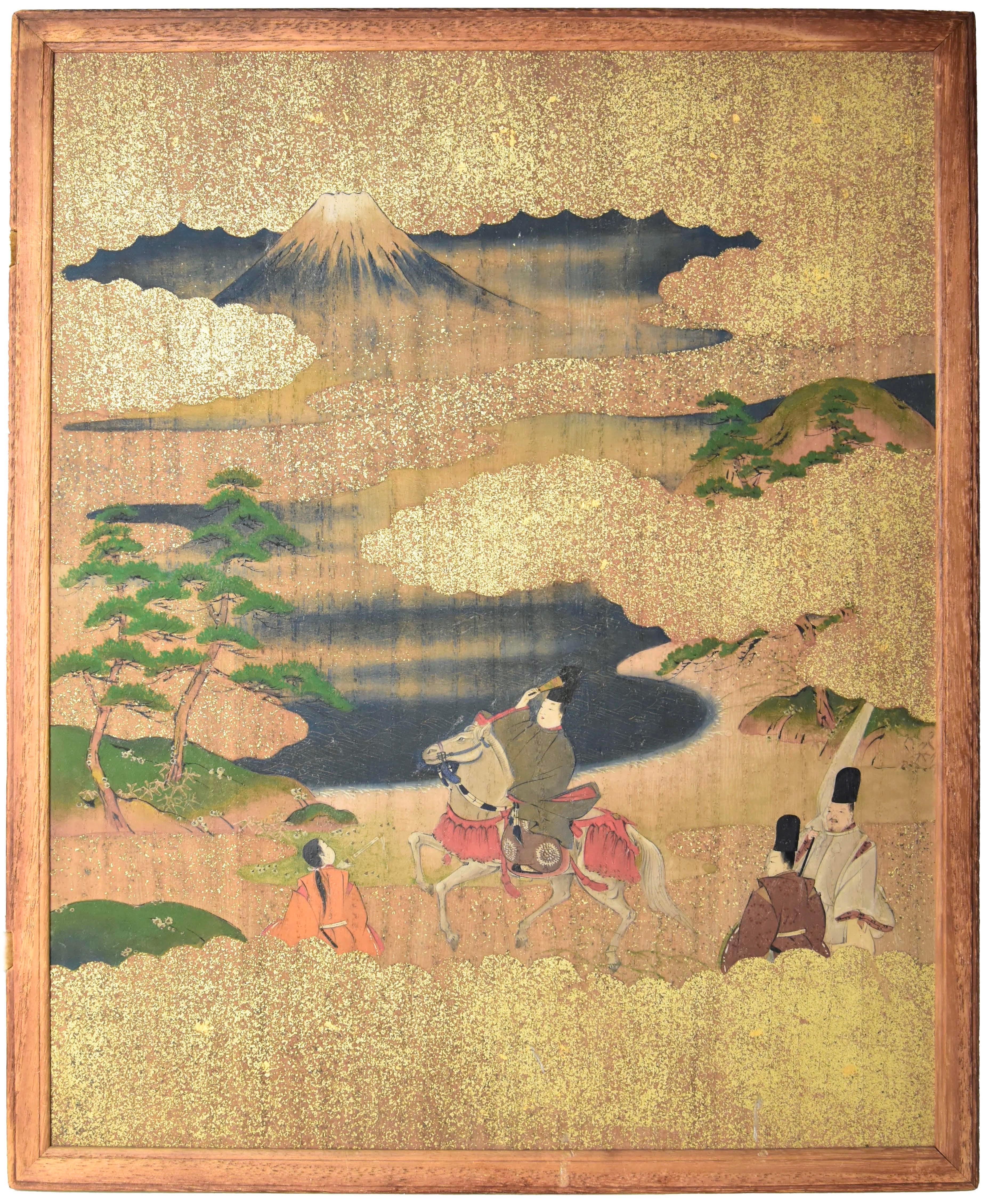Hand-Painted Meiji Era Japanese Two Panel Hand Painted Wood Table Screen Tale of Genji For Sale