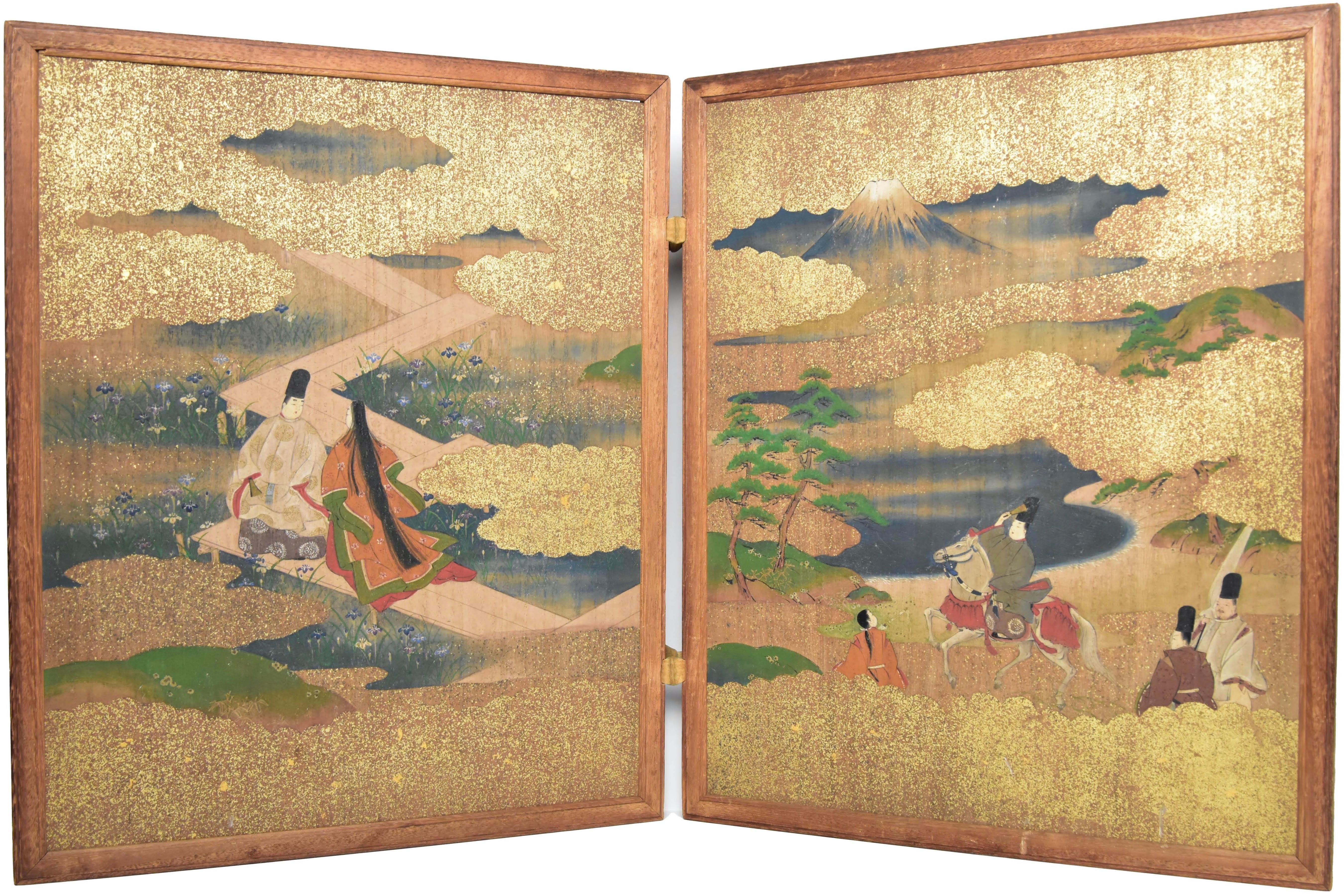 Meiji Era Japanese Two Panel Hand Painted Wood Table Screen Tale of Genji In Good Condition For Sale In Studio City, CA