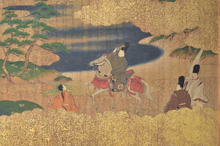 19th Century Meiji Era Japanese Two Panel Hand Painted Wood Table Screen Tale of Genji For Sale
