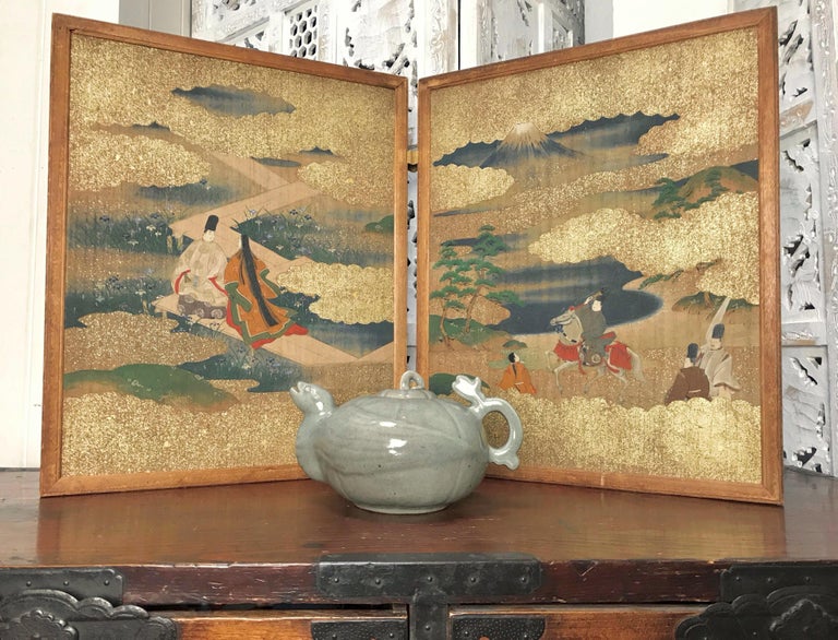 Meiji Era Japanese Two Panel Hand Painted Wood Table Screen Tale of Genji For Sale 2