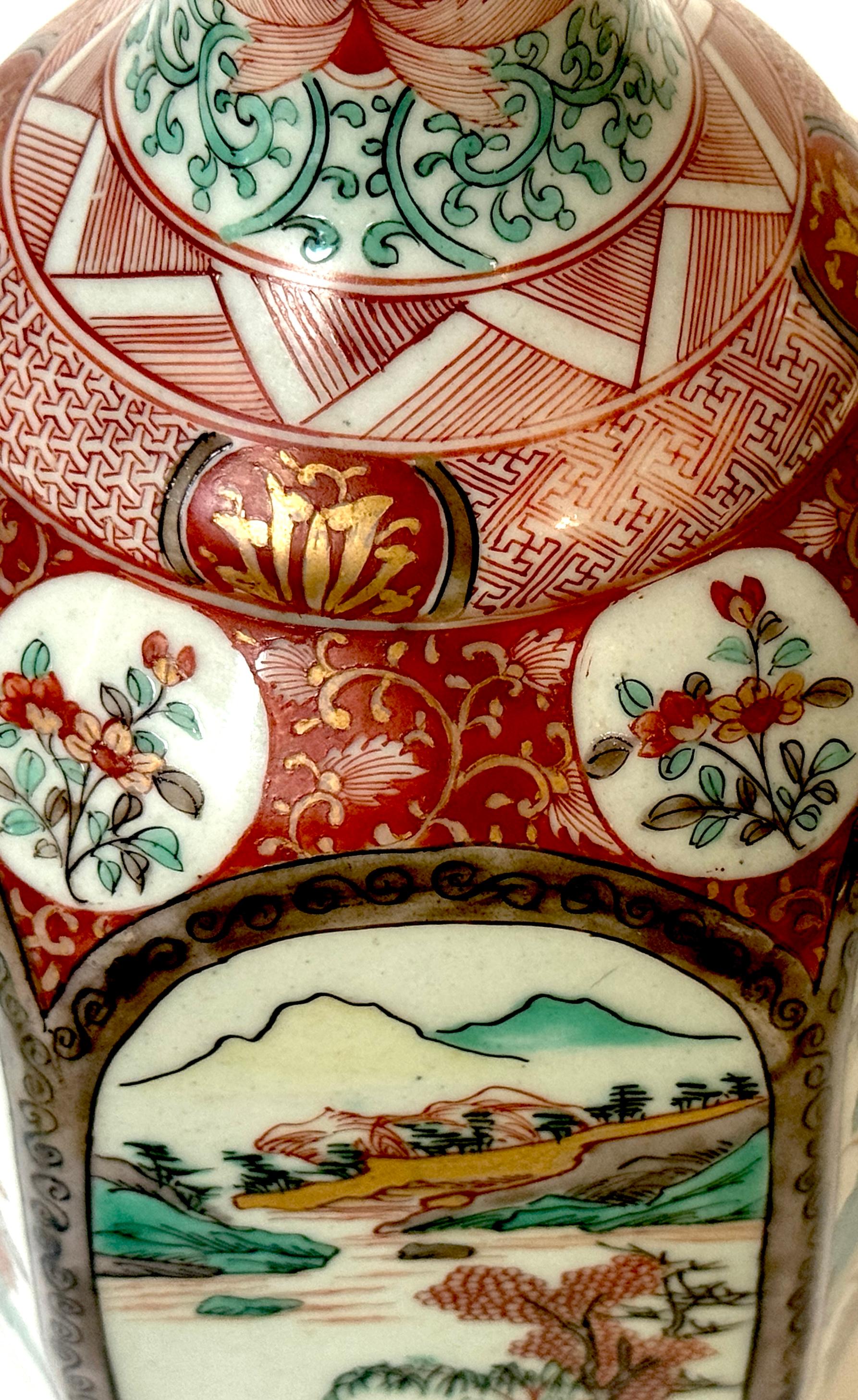 Meiji Fukagawa Imari Porcelain Hexagonal Vase with Factory Silver Collar For Sale 3
