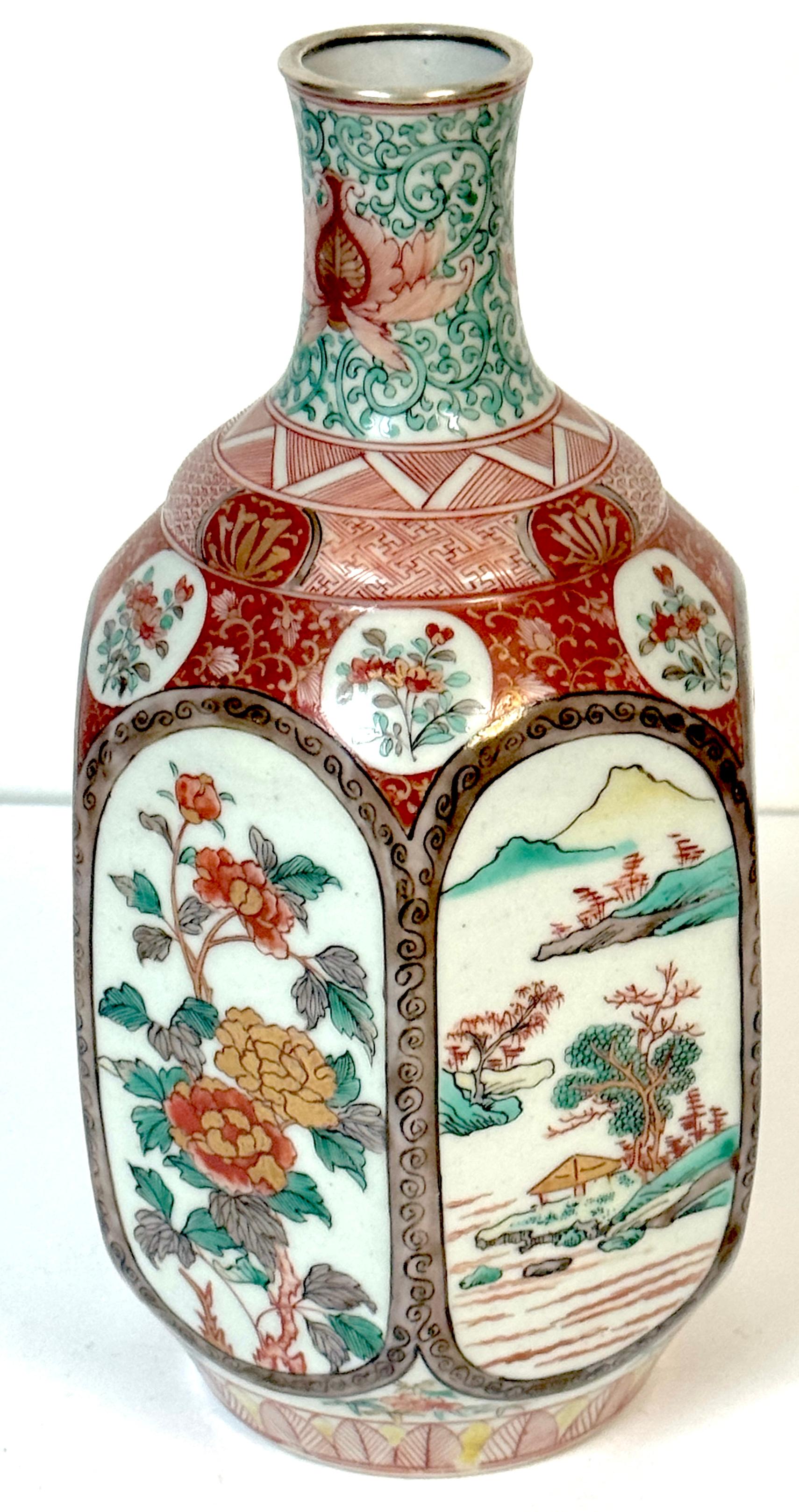 Japanese Meiji Fukagawa Imari Porcelain Hexagonal Vase with Factory Silver Collar For Sale