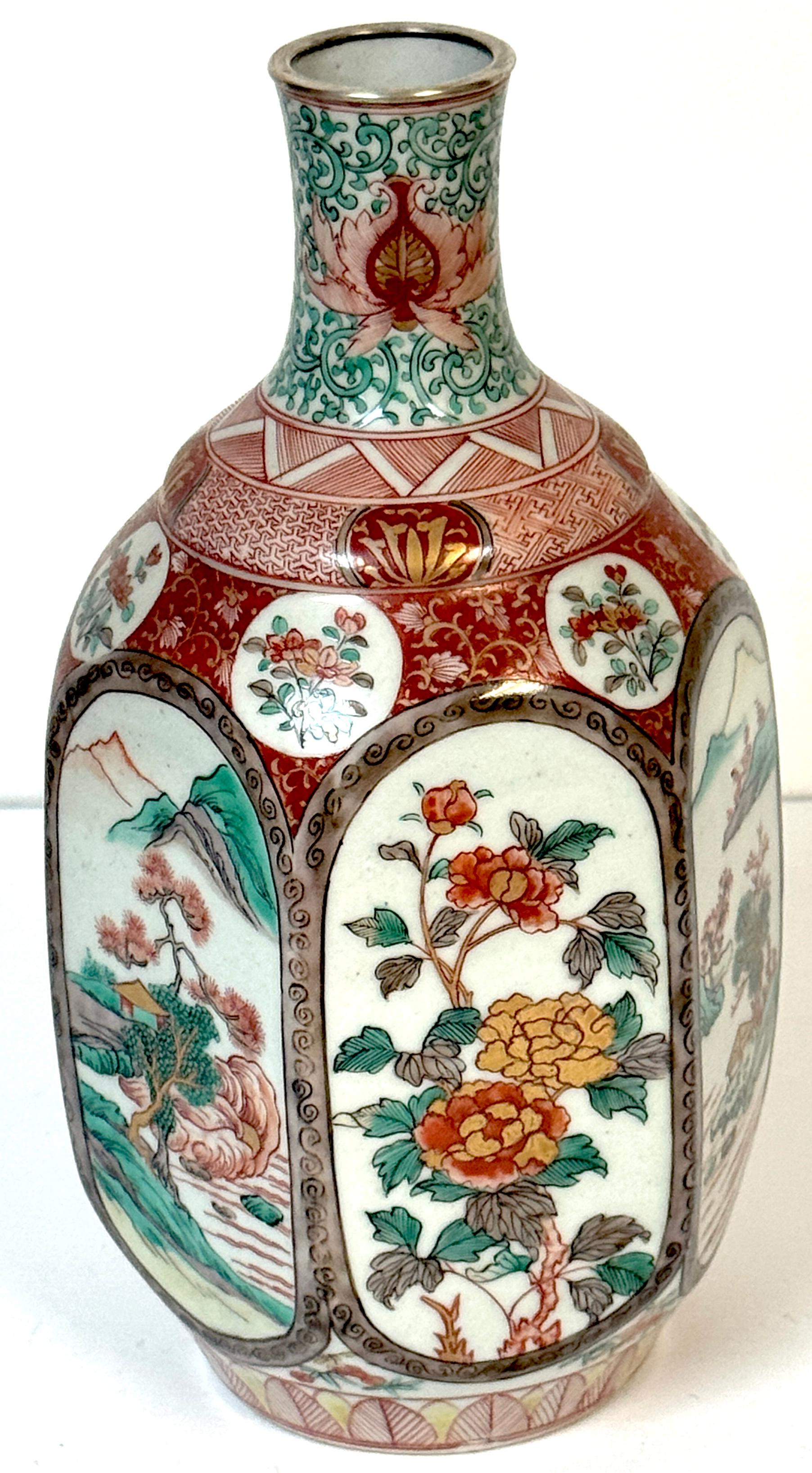 Enameled Meiji Fukagawa Imari Porcelain Hexagonal Vase with Factory Silver Collar For Sale
