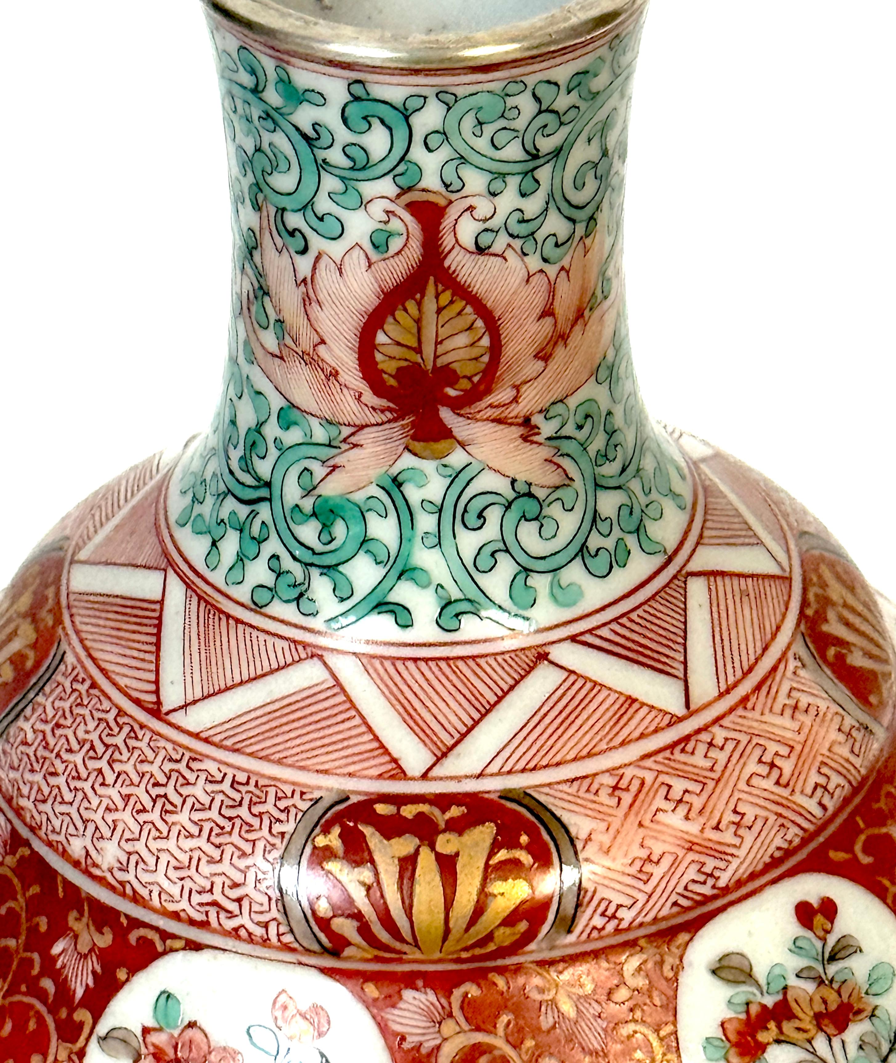20th Century Meiji Fukagawa Imari Porcelain Hexagonal Vase with Factory Silver Collar For Sale