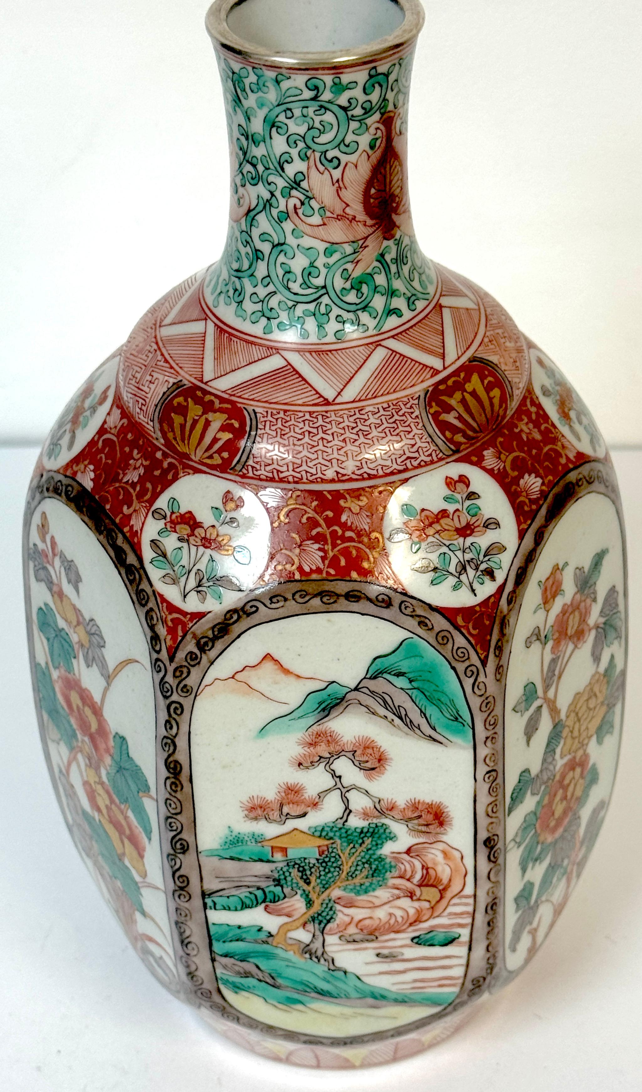 Sterling Silver Meiji Fukagawa Imari Porcelain Hexagonal Vase with Factory Silver Collar For Sale