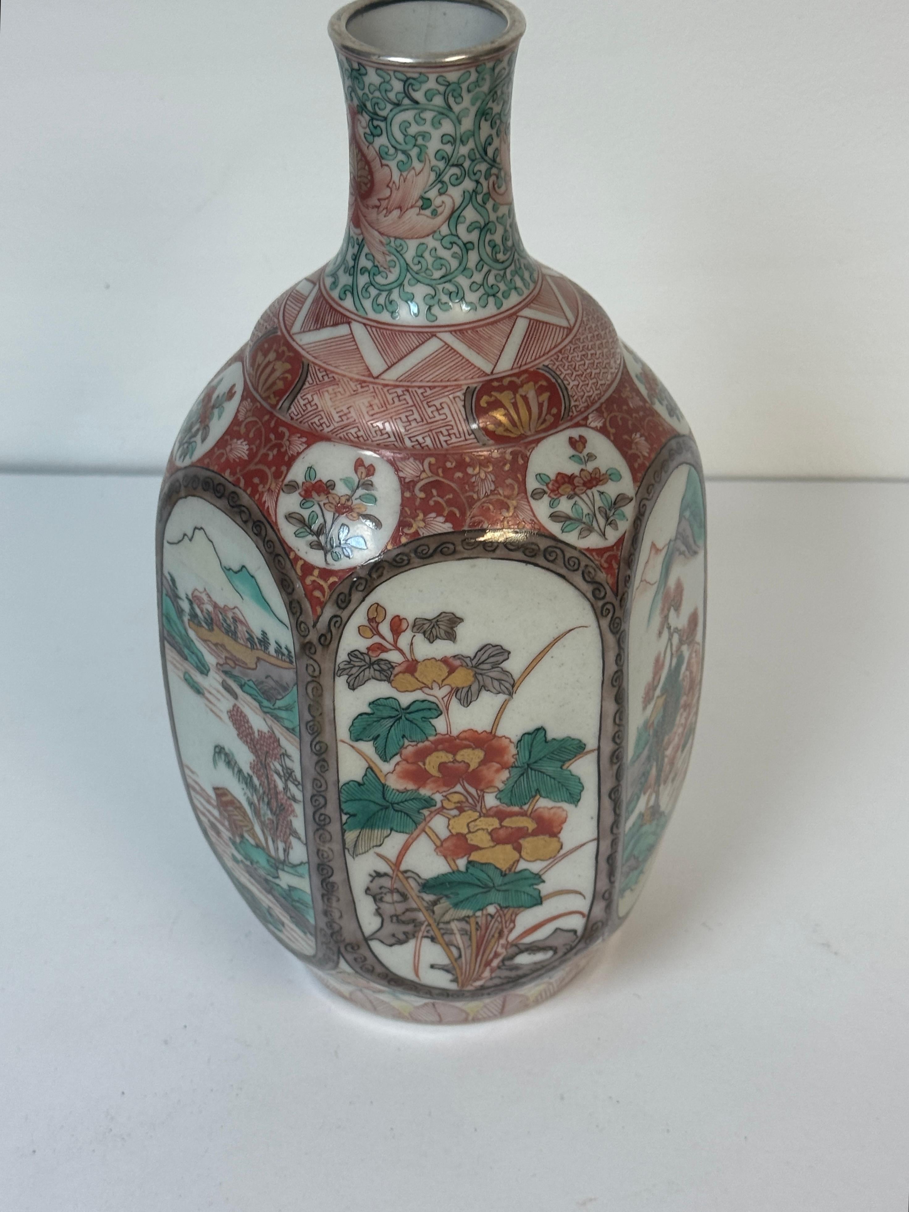 Meiji Fukagawa Imari Porcelain Hexagonal Vase with Factory Silver Collar For Sale 1