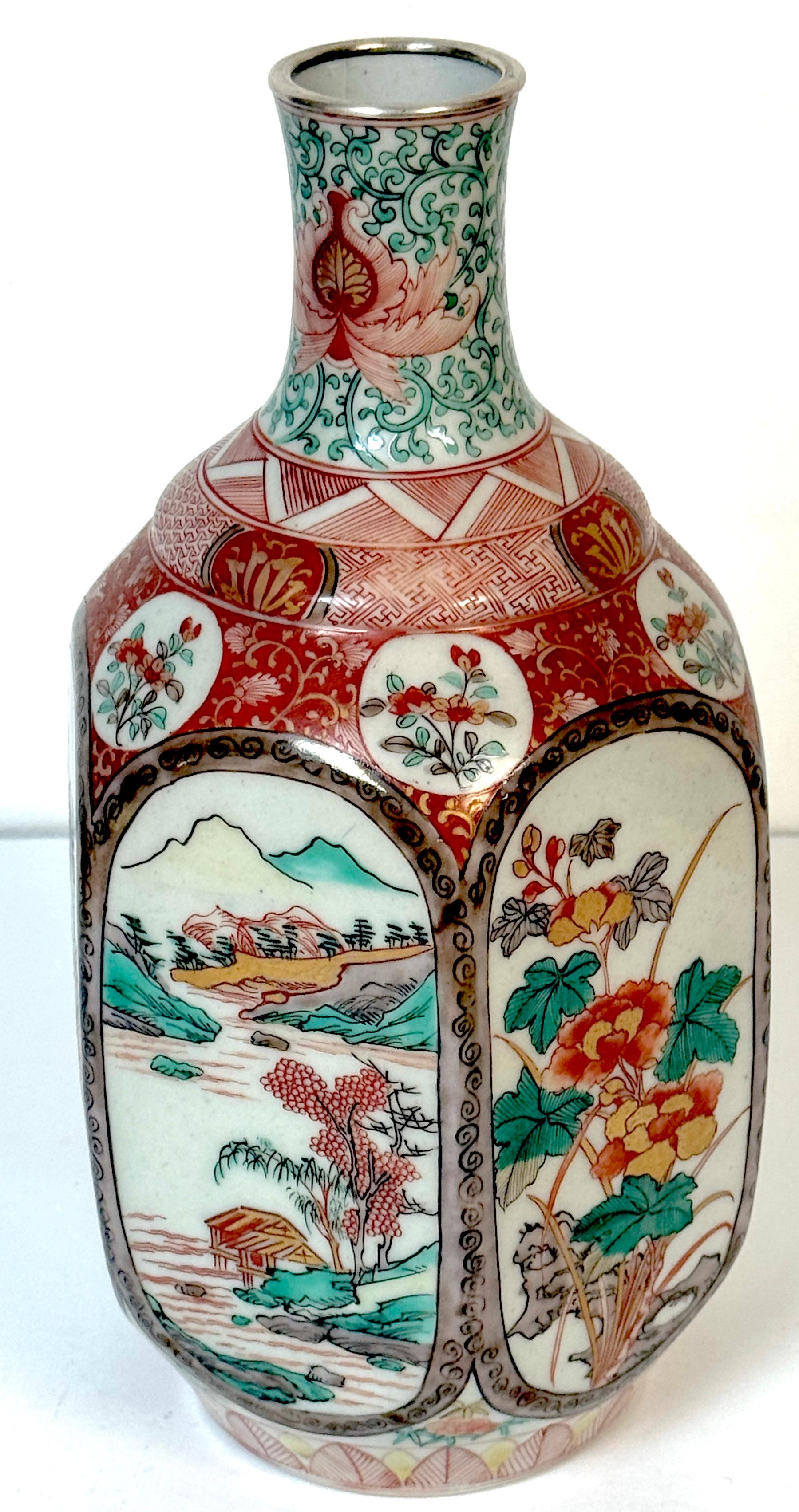 Meiji Fukagawa Imari Porcelain Hexagonal Vase with Factory Silver Collar For Sale 2