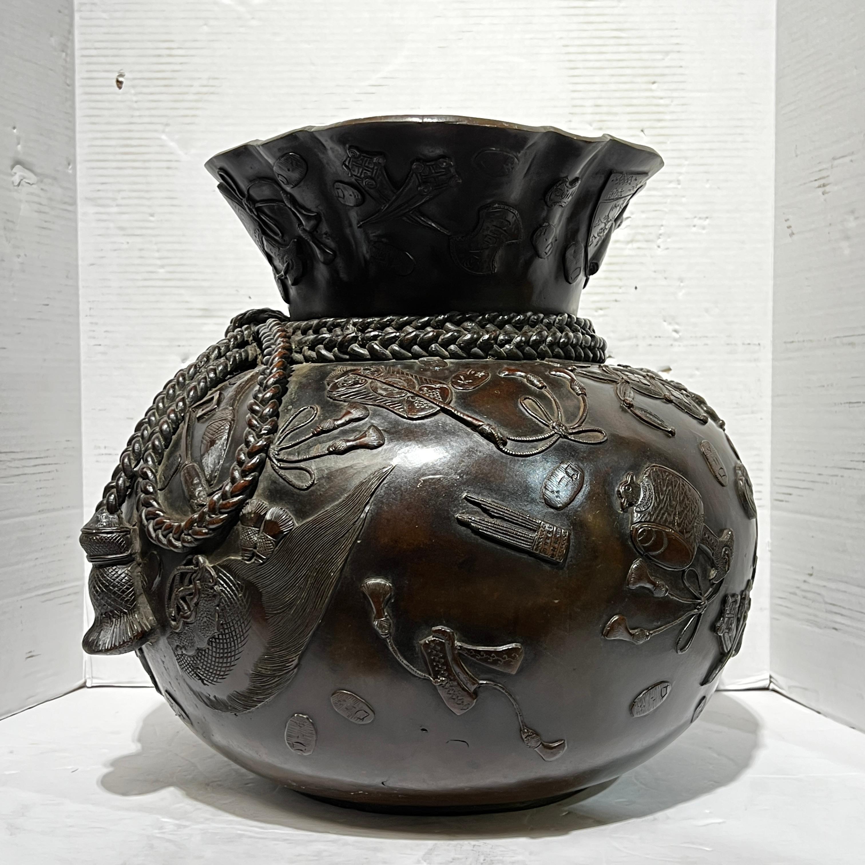 Meiji Japanese Bronze Vase in Form of Buddhist Treasure Sack For Sale 5