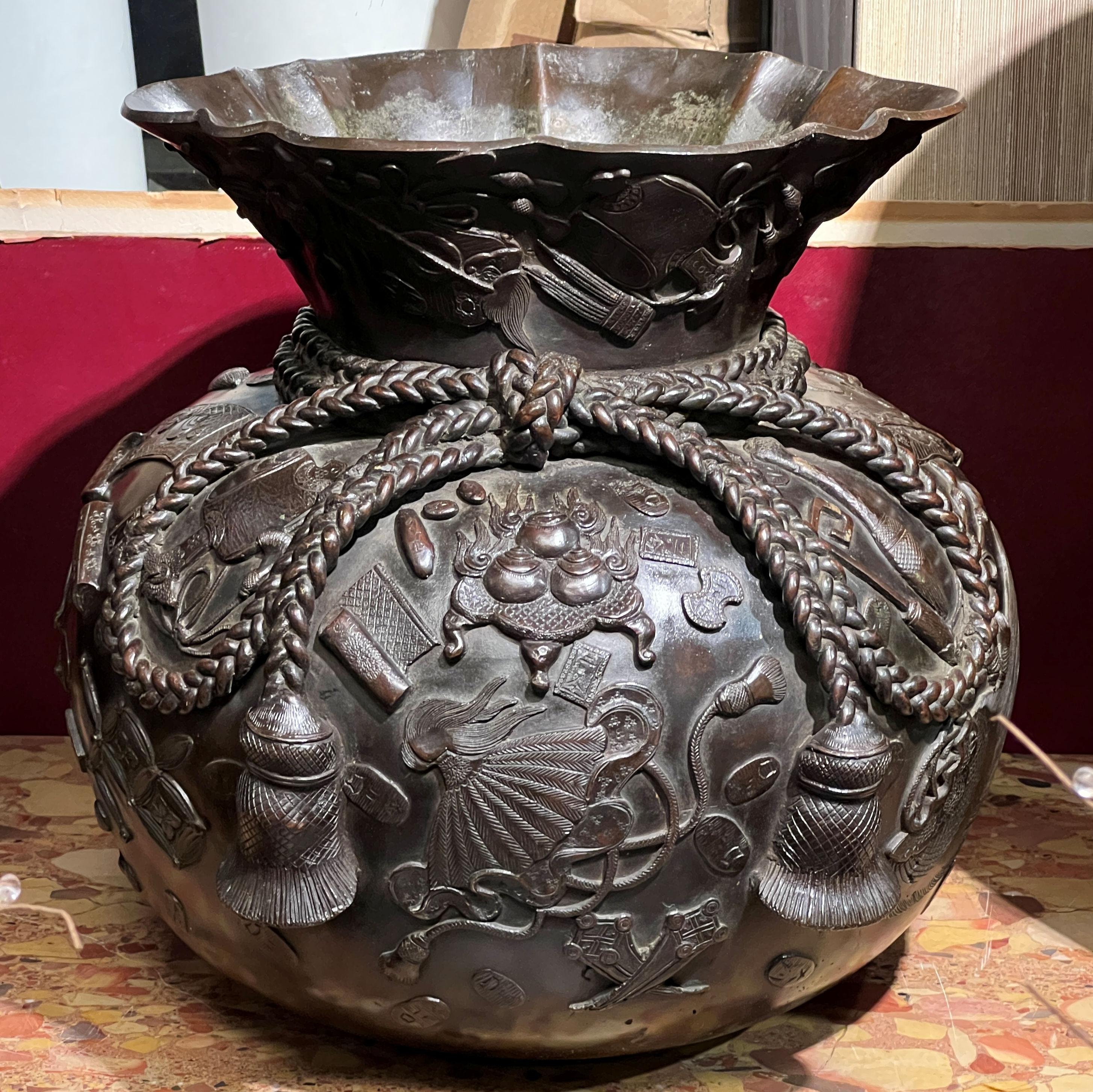 Very large and impressive Meiji period Japanese bronze vase in the form of the treasure sack of Hotei, 
 Buddhist God of Happiness.