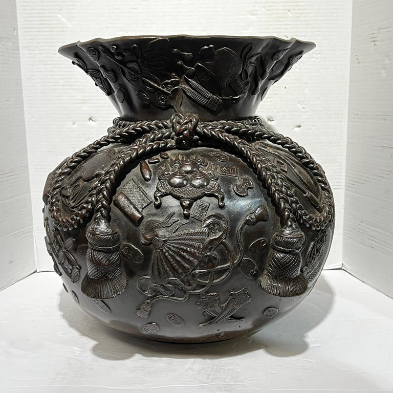 Meiji Japanese Bronze Vase in Form of Buddhist Treasure Sack For Sale