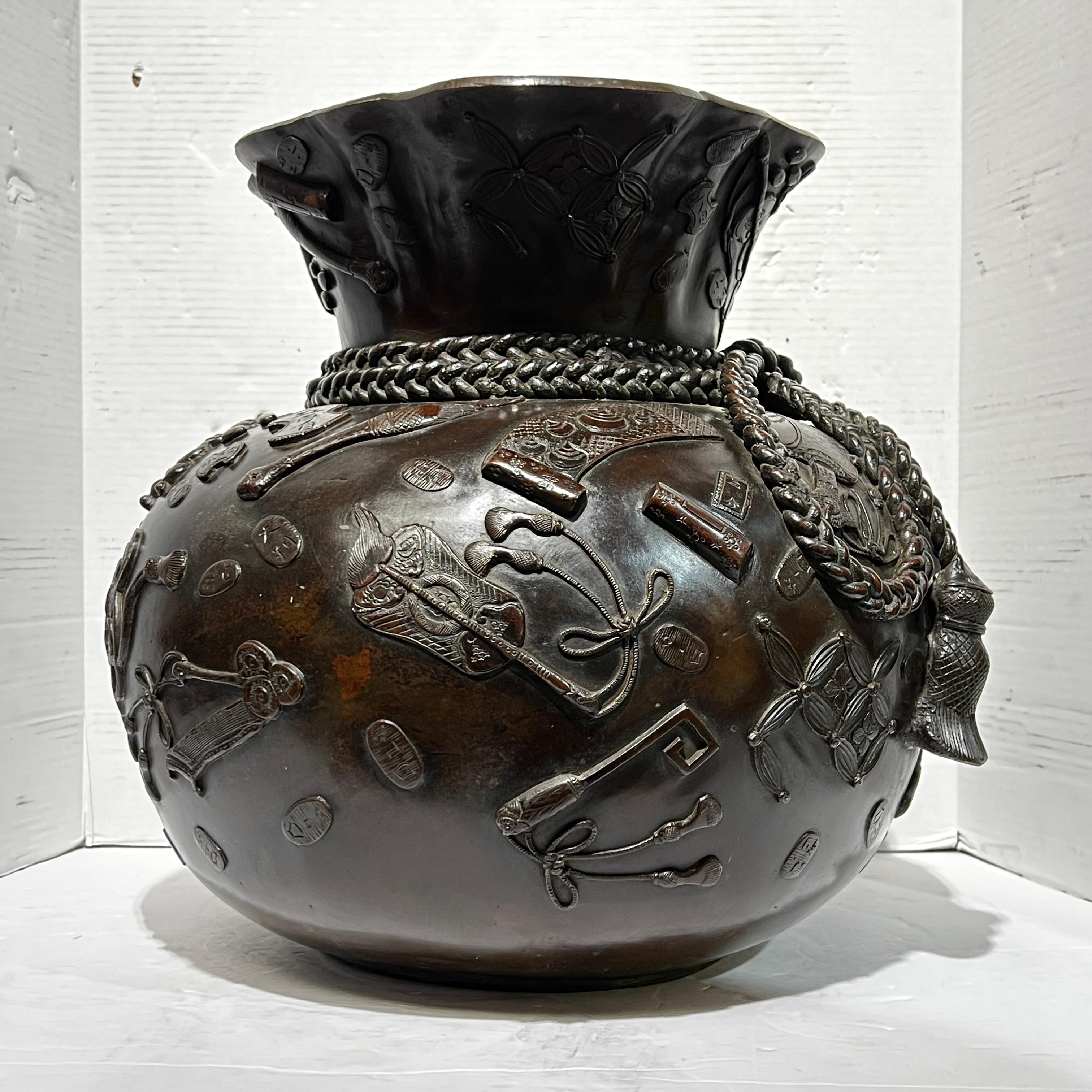 Meiji Japanese Bronze Vase in Form of Buddhist Treasure Sack For Sale 1