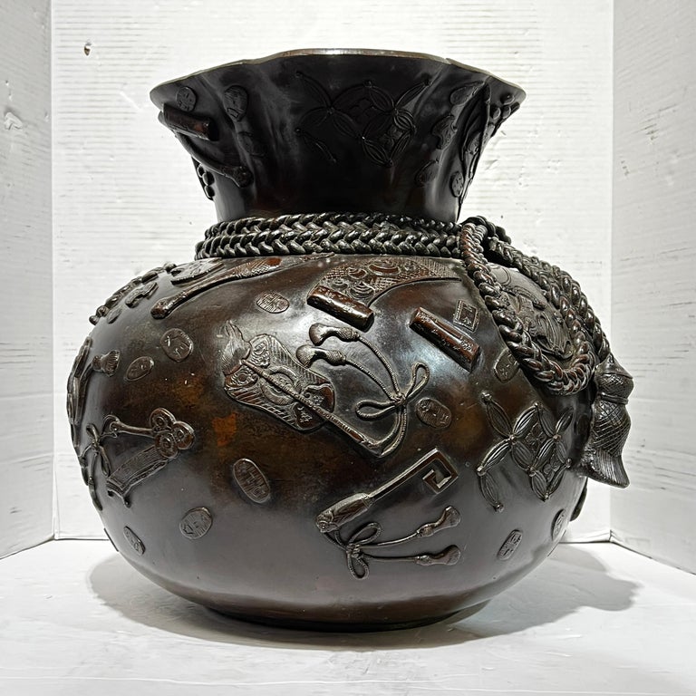 Meiji Japanese Bronze Vase in Form of Buddhist Treasure Sack For Sale
