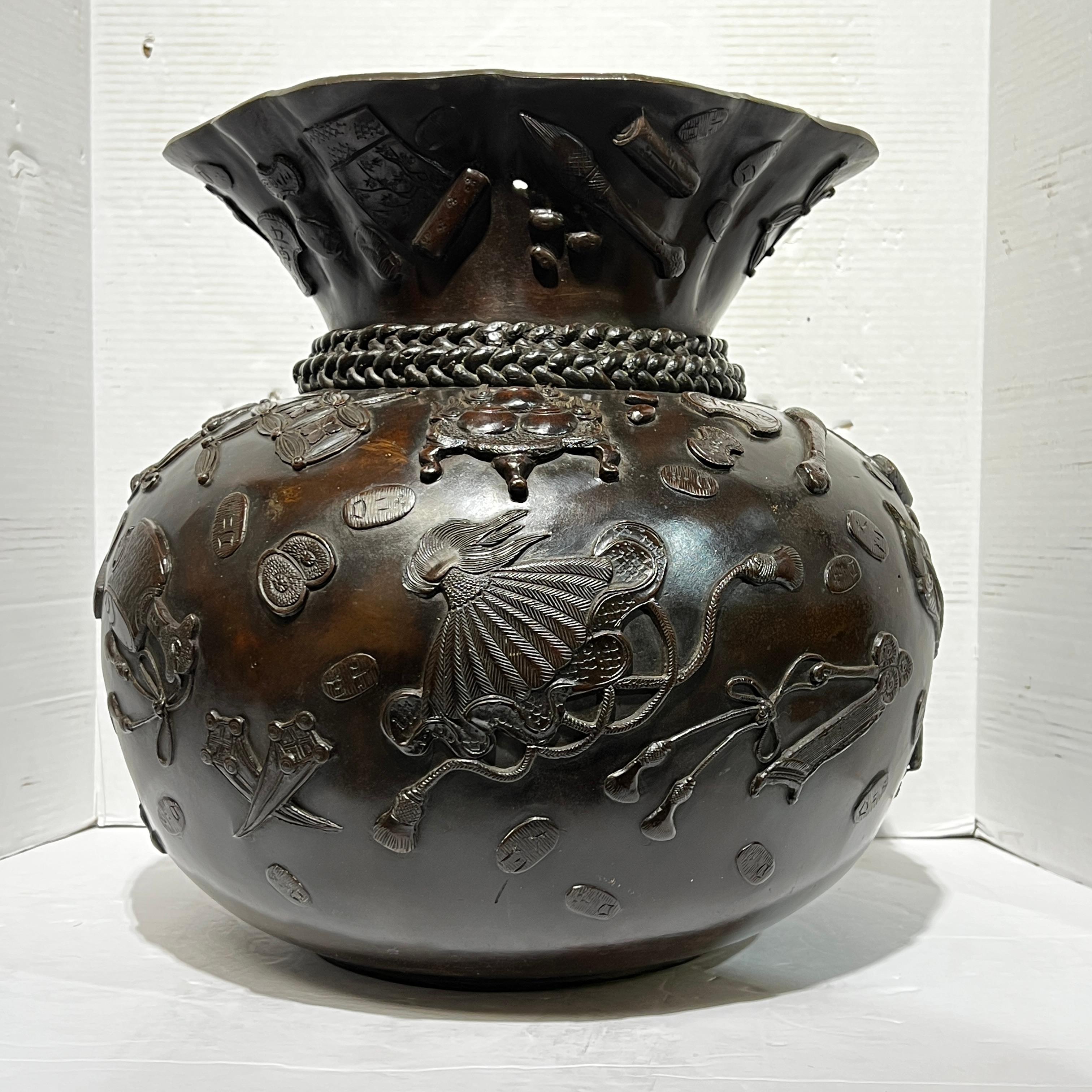 Meiji Japanese Bronze Vase in Form of Buddhist Treasure Sack For Sale 2