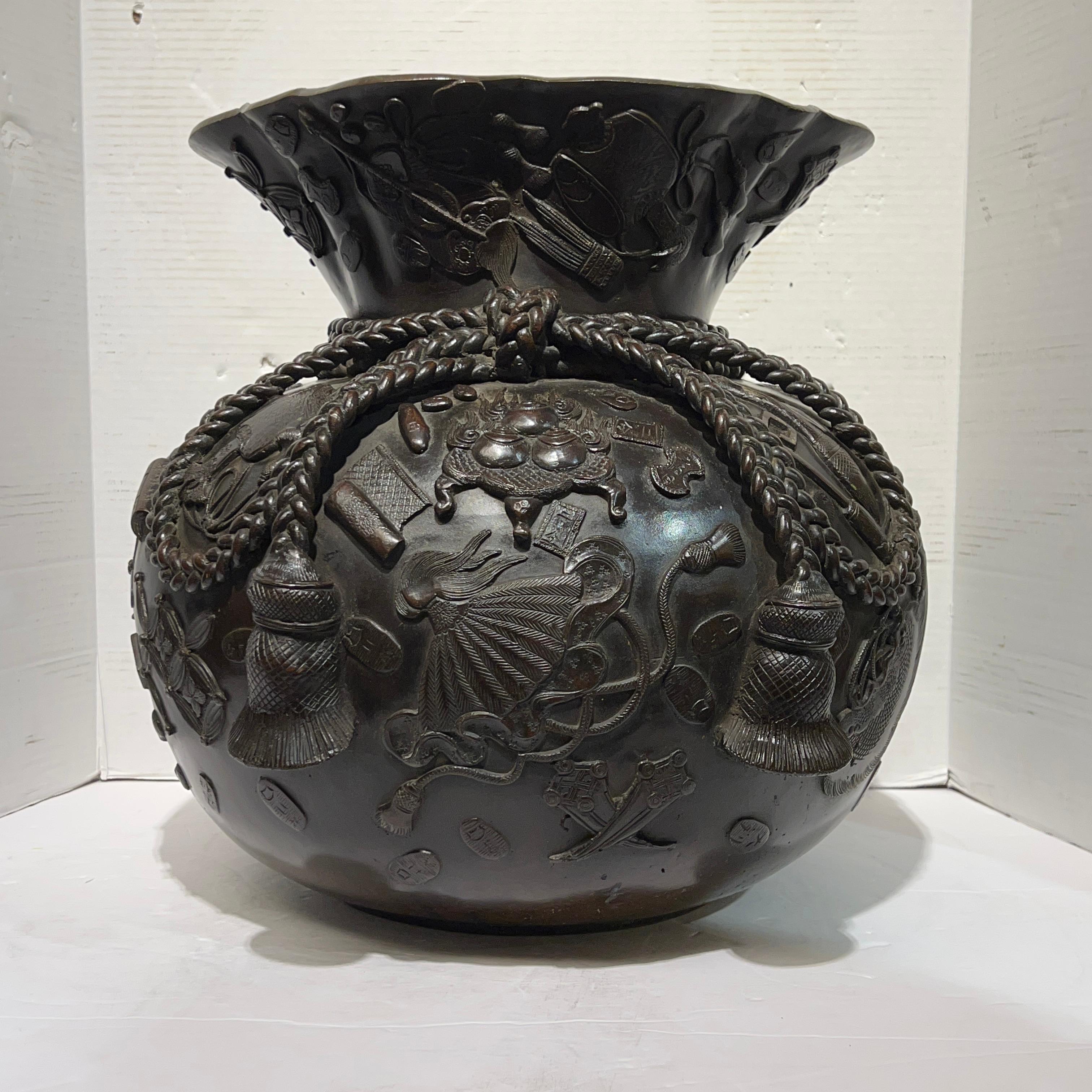 Meiji Japanese Bronze Vase in Form of Buddhist Treasure Sack For Sale 3