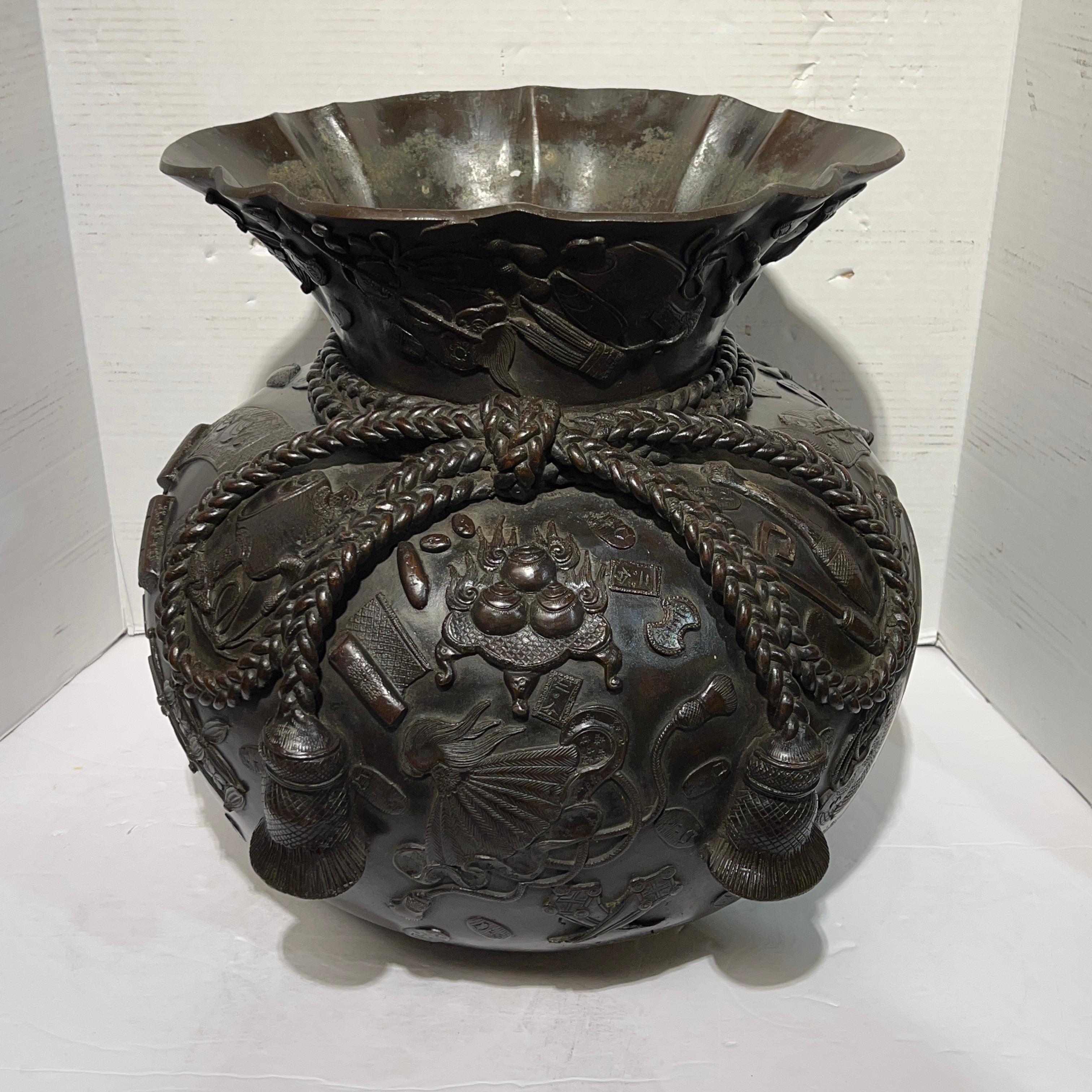 Meiji Japanese Bronze Vase in Form of Buddhist Treasure Sack For Sale 4