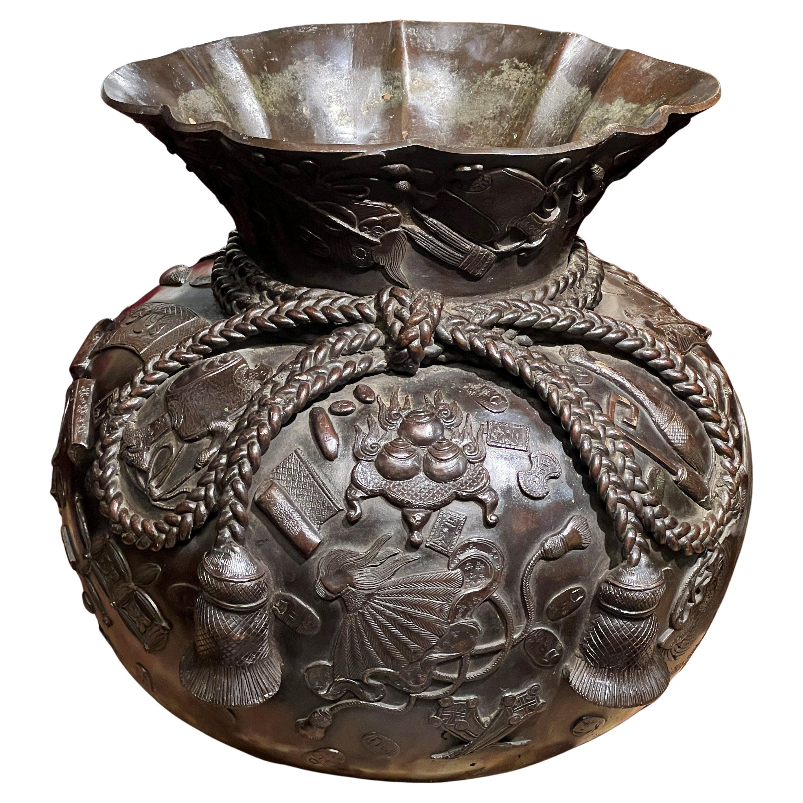 Meiji Japanese Bronze Vase in Form of Buddhist Treasure Sack For Sale