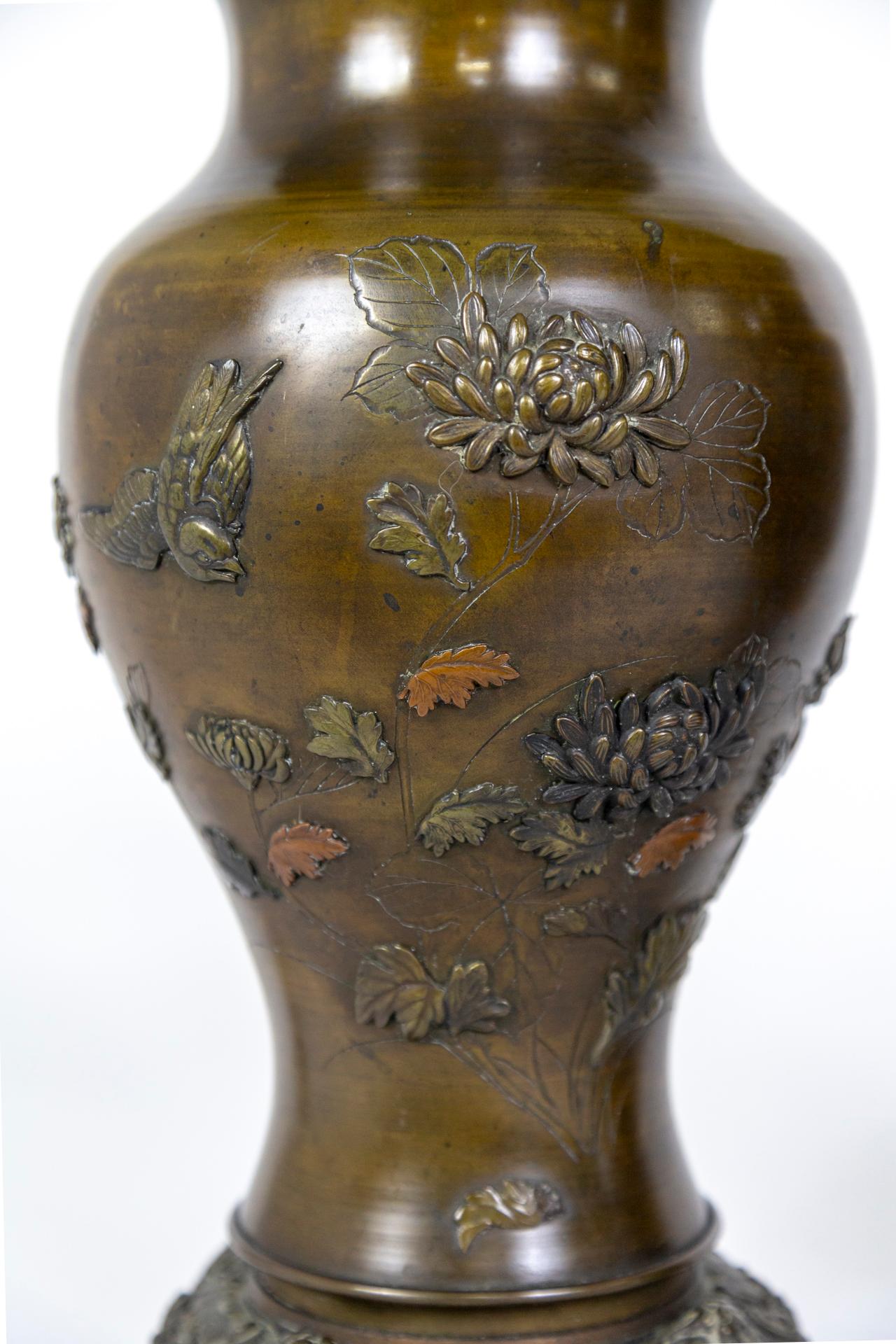 Meiji Japanese Cast Bronze Relief Chrysanthemum & Birds Lamps 'Pair' For Sale 1