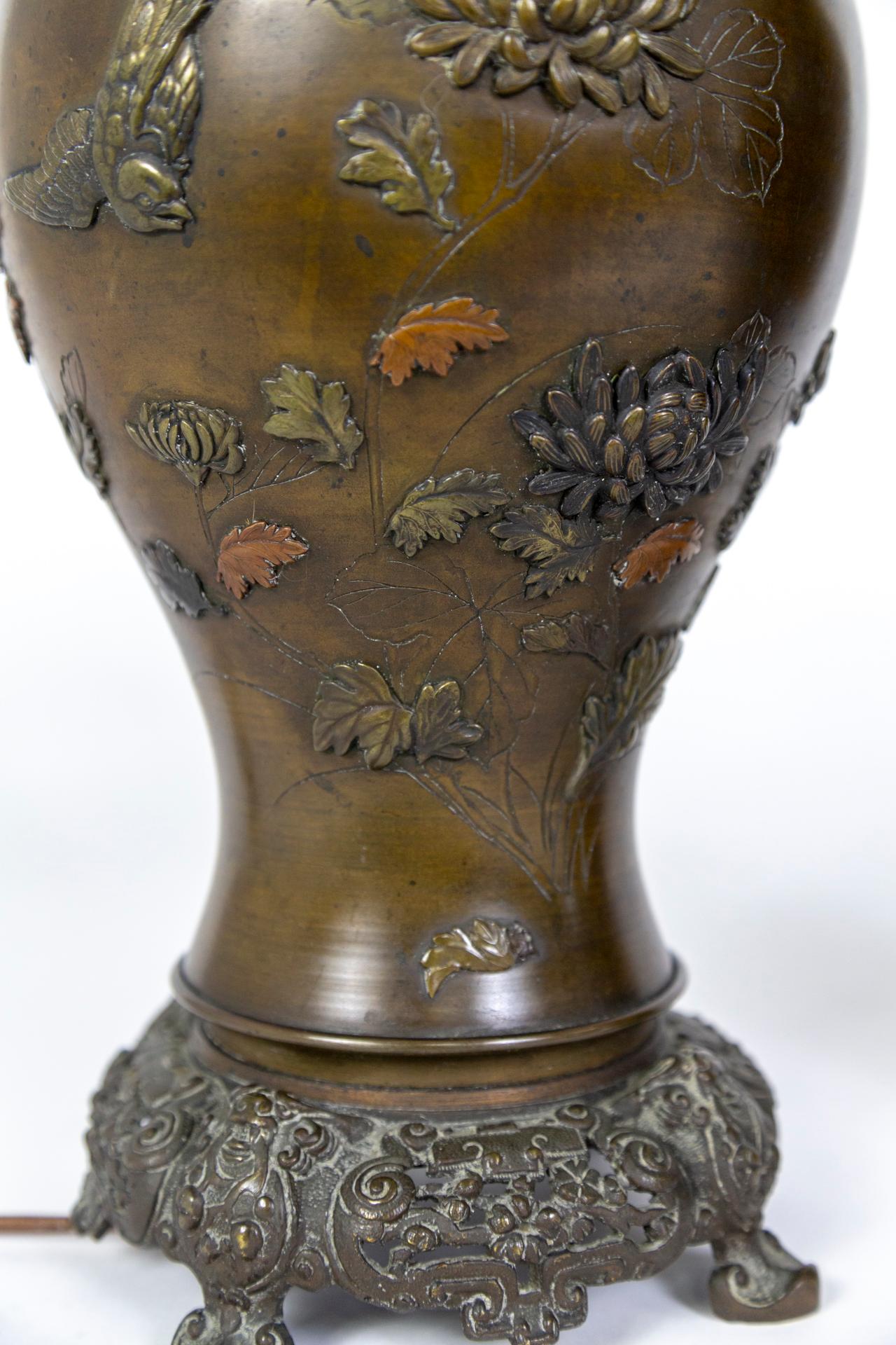 Meiji Japanese Cast Bronze Relief Chrysanthemum & Birds Lamps 'Pair' For Sale 3