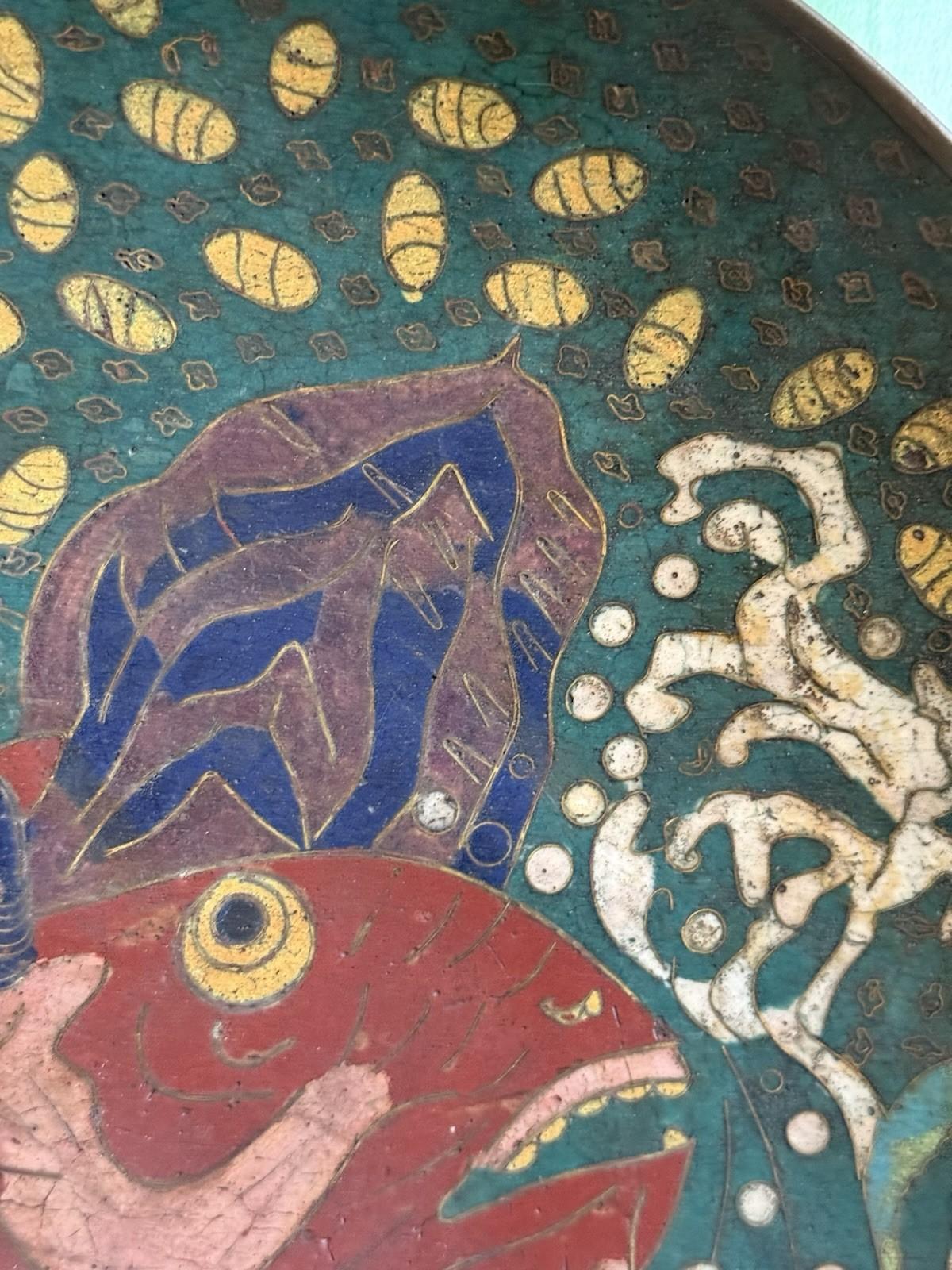Meiji Japanese Cloisonne Charger Urashima Taro Riding the Sea Bream Mythological (19. Jahrhundert) im Angebot