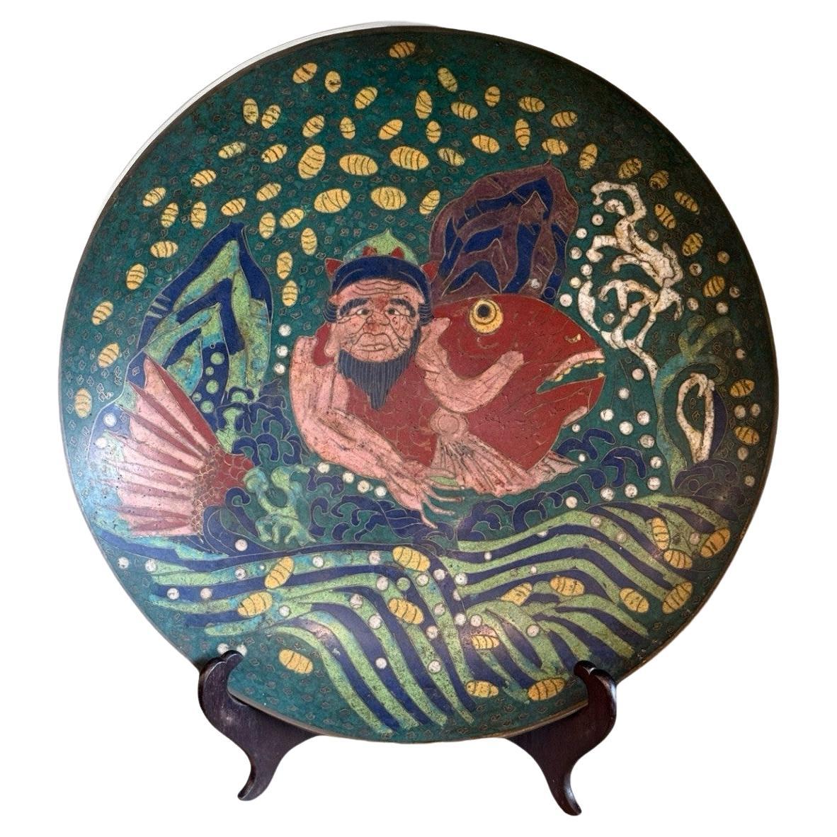 Meiji Japanese Cloisonne Charger Urashima Taro Riding the Sea Bream Mythological