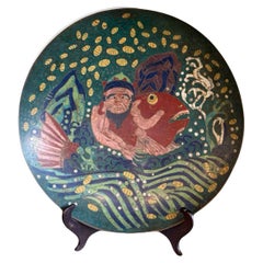 Meiji Japanese Cloisonne Charger Urashima Taro Riding the Sea Bream Mythological
