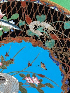 Meiji Japanese Cloisonne Enamel Charger with Crab, Fish, and Marine Life in Net