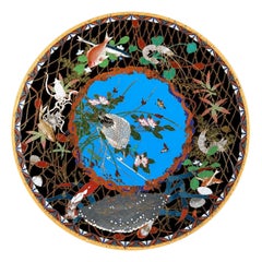Meiji Japanese Cloisonne Enamel Charger with Crab, Fish, and Marine Life in Net