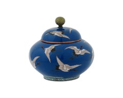 Meiji Japanese Cloisonne Enamel Flying Cranes Covered Jar Attributed to Hayashi