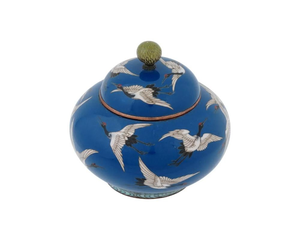 Cloissoné Meiji Japanese Cloisonne Enamel Flying Cranes Covered Jar Attributed to Hayashi  For Sale