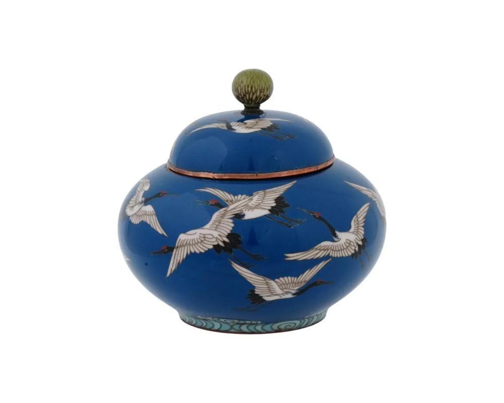 Meiji Japanese Cloisonne Enamel Flying Cranes Covered Jar Attributed to Hayashi  In Good Condition For Sale In New York, NY