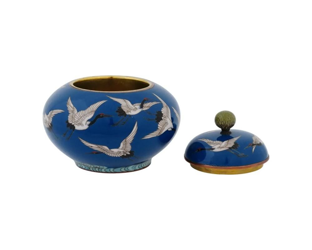 19th Century Meiji Japanese Cloisonne Enamel Flying Cranes Covered Jar Attributed to Hayashi  For Sale