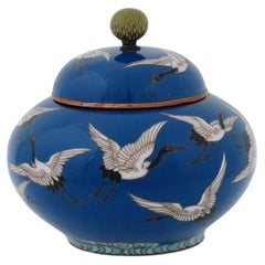 Meiji Japanese Cloisonne Enamel Flying Cranes Covered Jar Attributed to Hayashi 