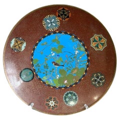 Meiji Japanese Cloisonne Enamel Plate Charger Bird Among Flowering Vines GOTO
