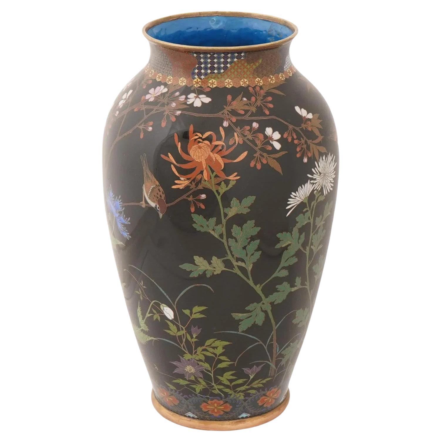 Meiji Japanese Cloisonne Enamel Vase With Birds And Flowers Attributed To Goto For Sale