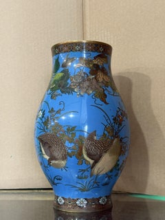Meiji Japanese Cloisonne Enamel Vase with Quail, Insects, Fruit, and Flowers