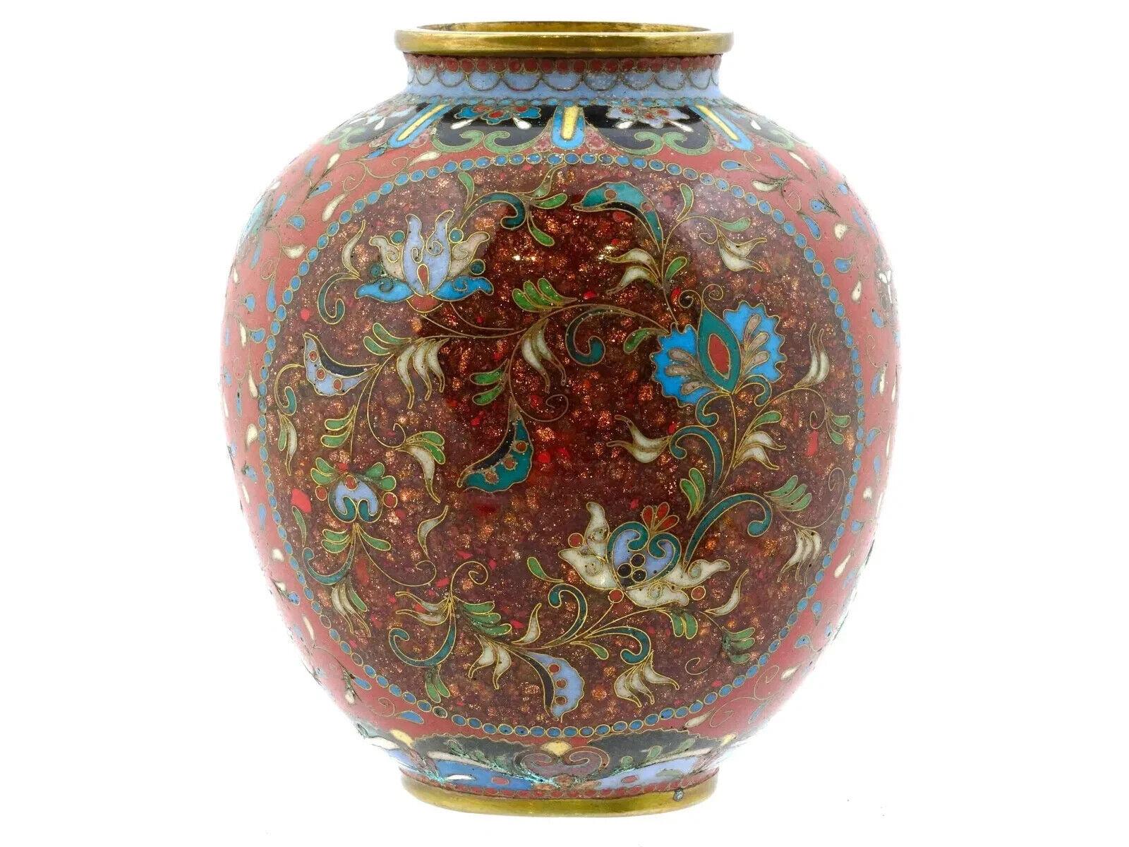Cloissoné Meiji Japanese Cloisonne Goldstone Enamel Butterfly Vase For Sale