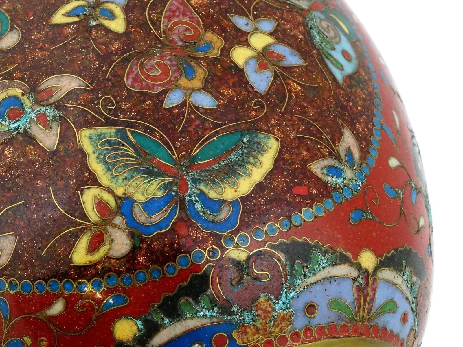 Meiji Japanese Cloisonne Goldstone Enamel Butterfly Vase For Sale 2