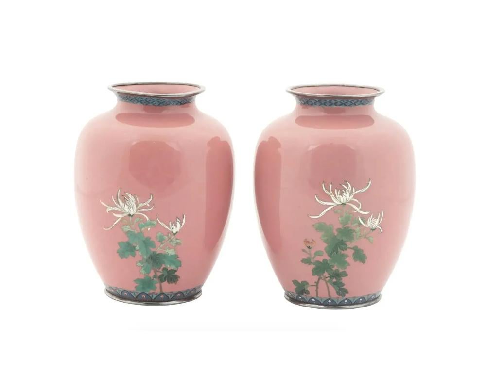 Meiji Japanese Cloisonne Enamel Pair of Pink Floral Silver Mounted Vases In Good Condition For Sale In New York, NY
