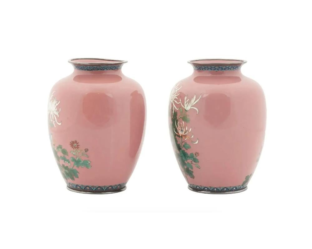 20th Century Meiji Japanese Cloisonne Enamel Pair of Pink Floral Silver Mounted Vases For Sale