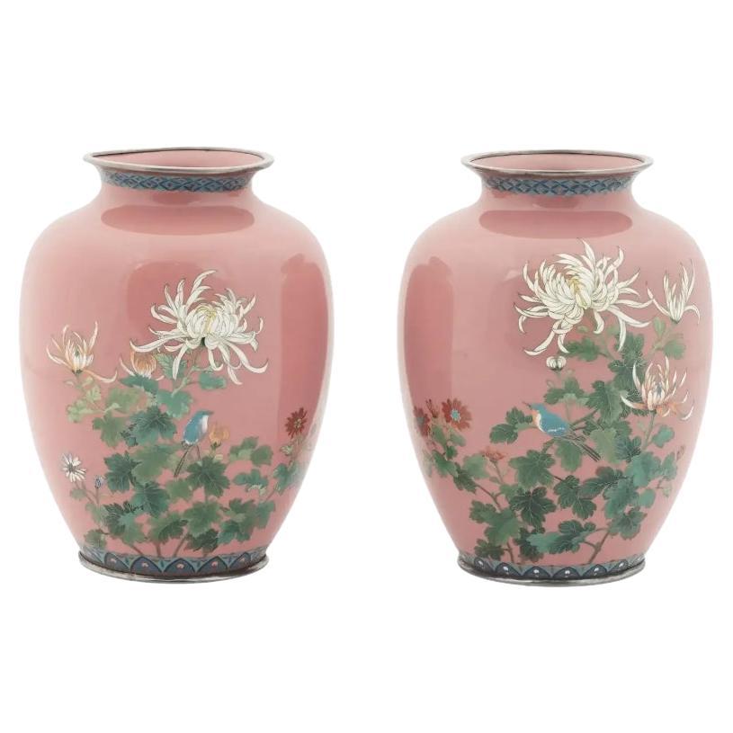 Meiji Japanese Cloisonne Enamel Pair of Pink Floral Silver Mounted Vases