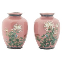 Meiji Japanese Cloisonne Enamel Pair of Pink Floral Silver Mounted Vases