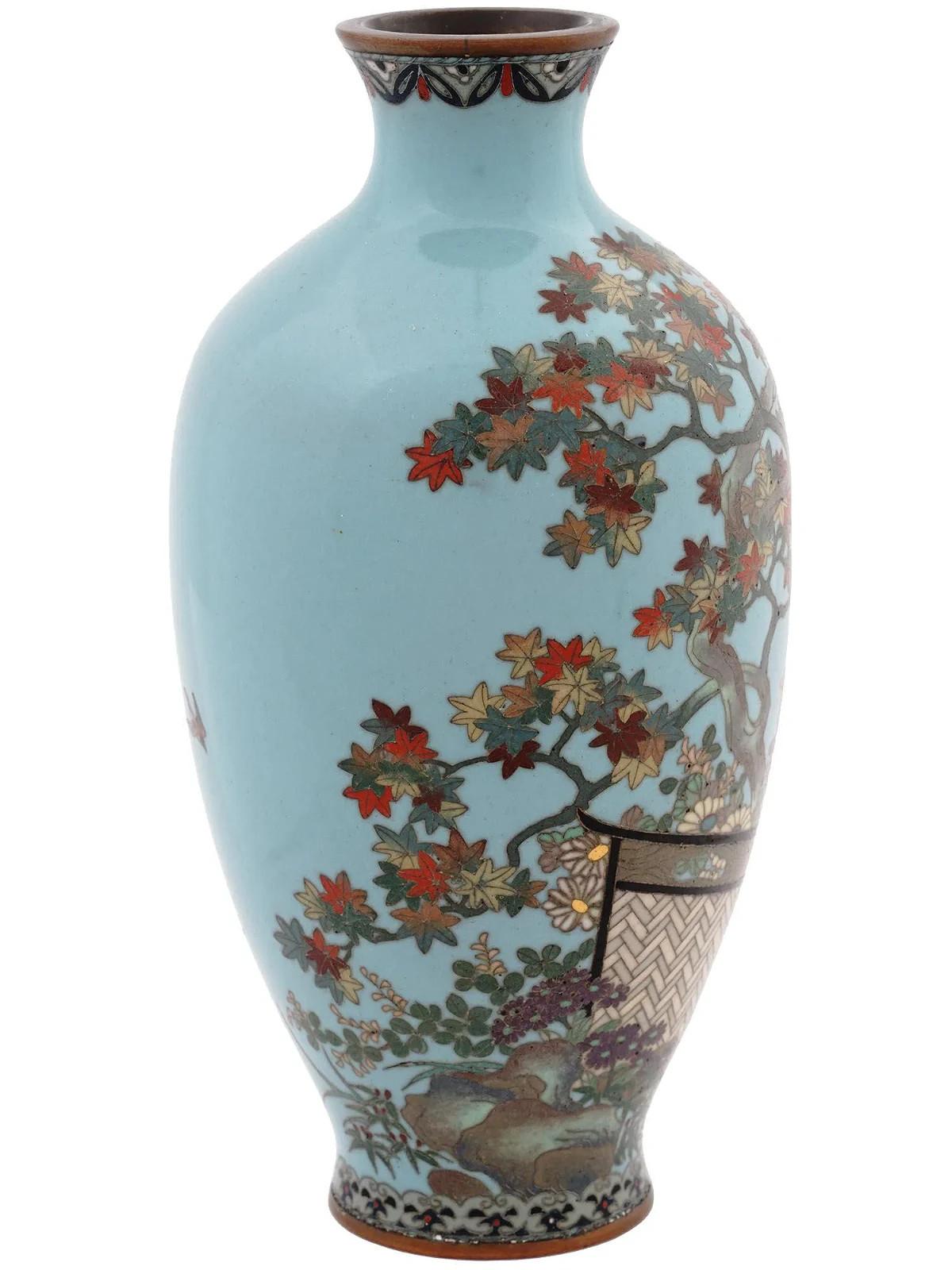 Meiji Japanese Cloisonne Turquoise Enamel Japanese Garden Vase Silver Wire In Good Condition For Sale In Long Island City, NY
