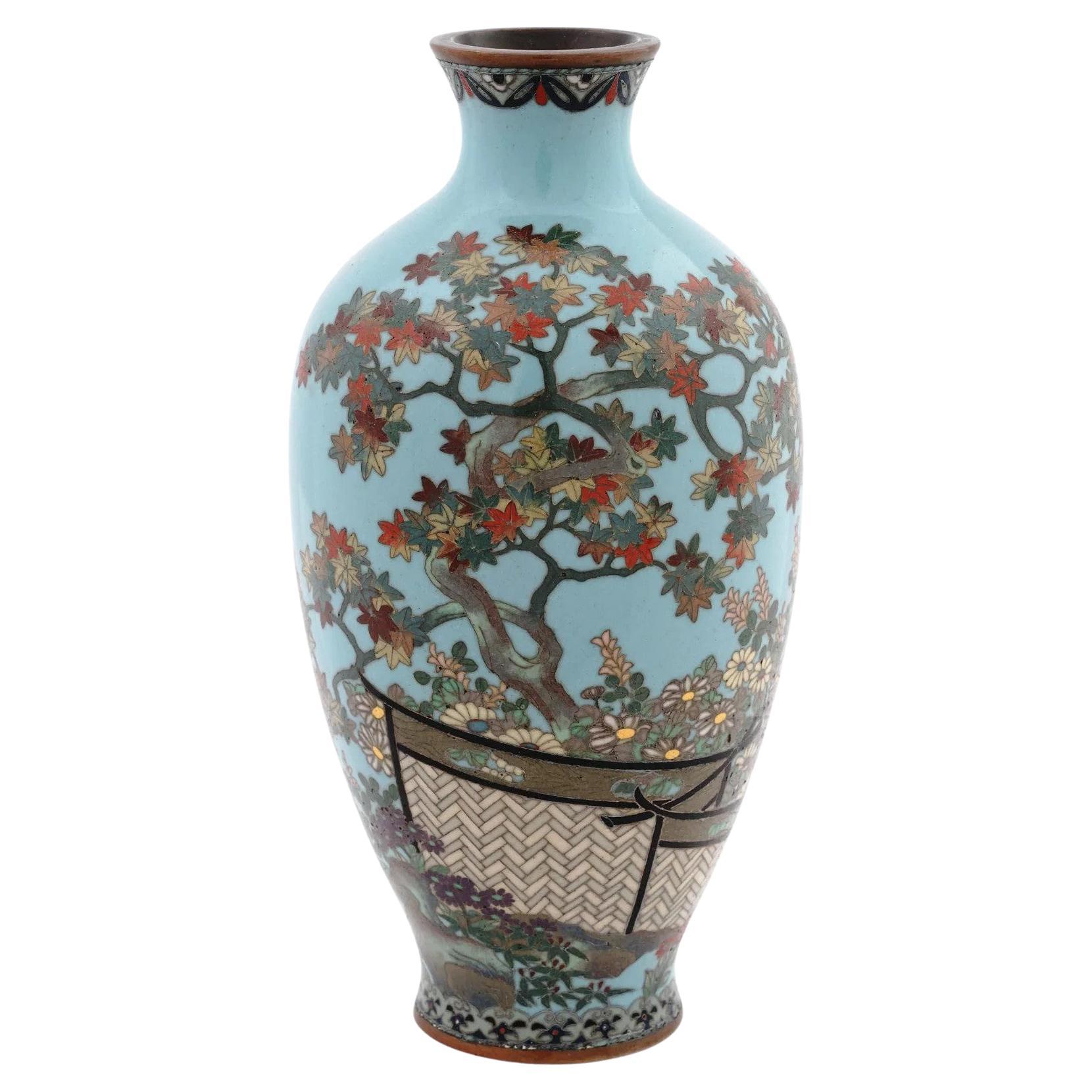 Meiji Japanese Cloisonne Turquoise Enamel Japanese Garden Vase Silver Wire For Sale